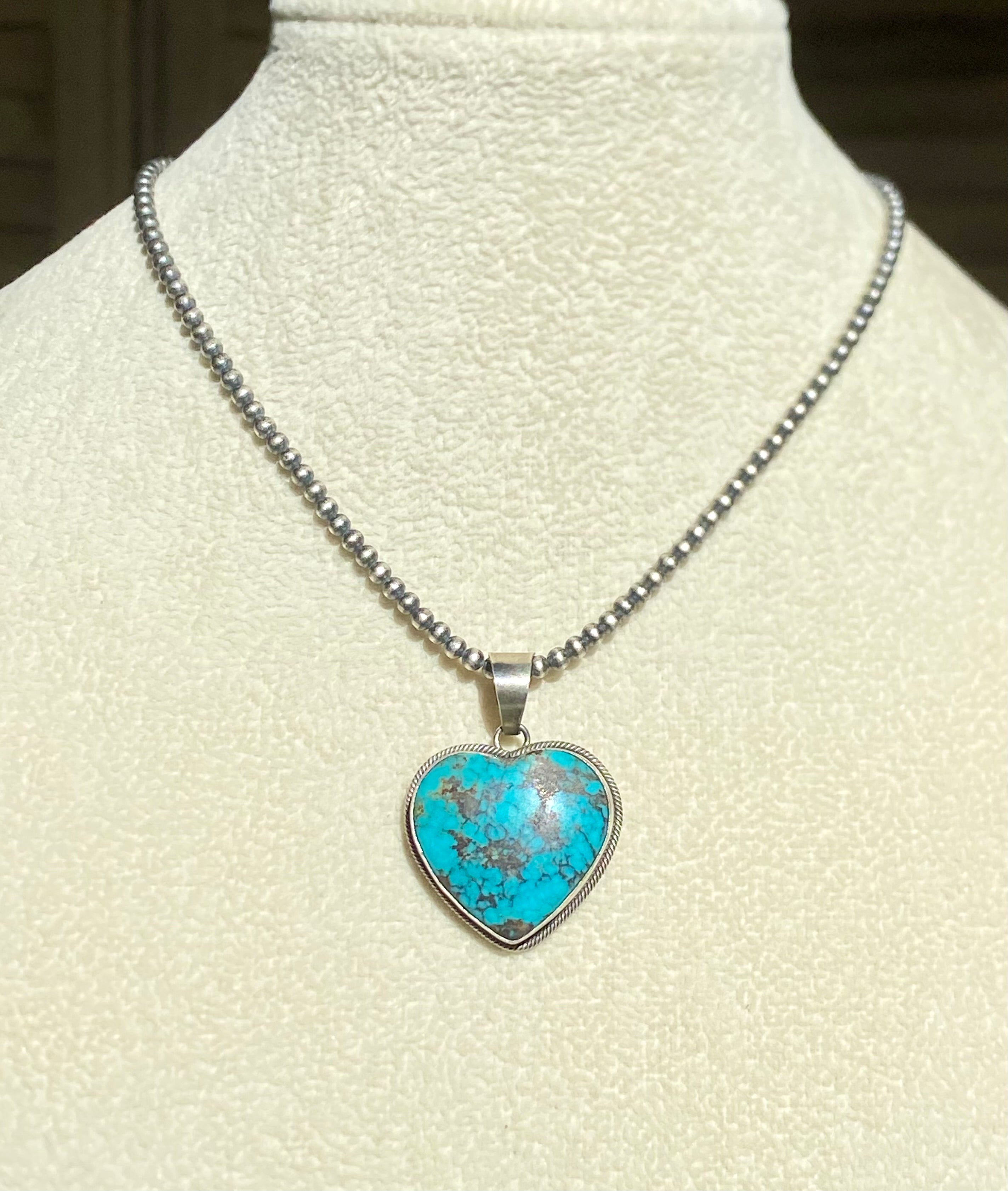 Navajo Made Kingman Turquoise & Sterling Silver Heart Shape PENDANT ONLY