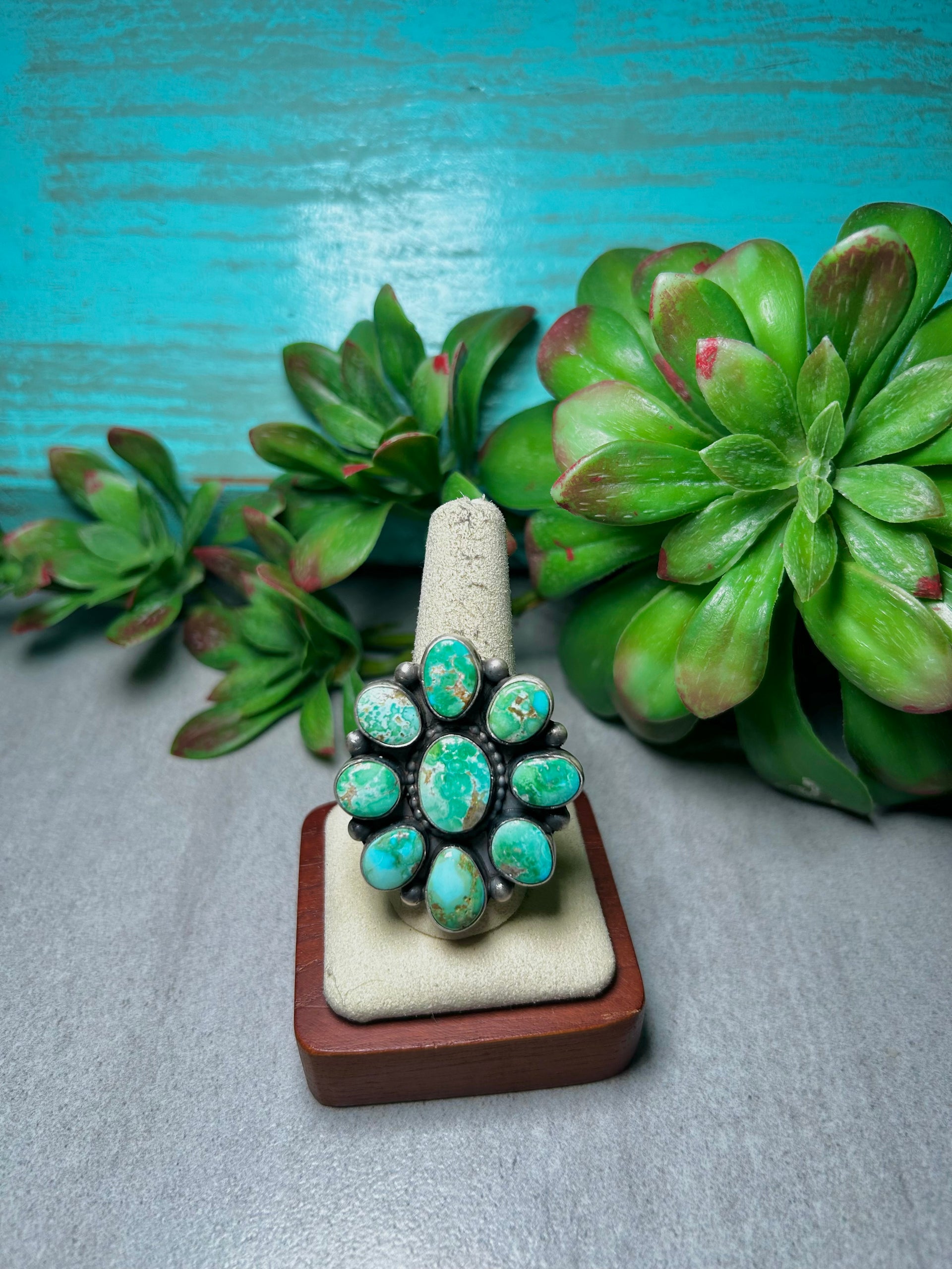 Timothy Yazzie Sonoran Mountain Turquoise & Sterling Silver Cluster Adjustable Ring