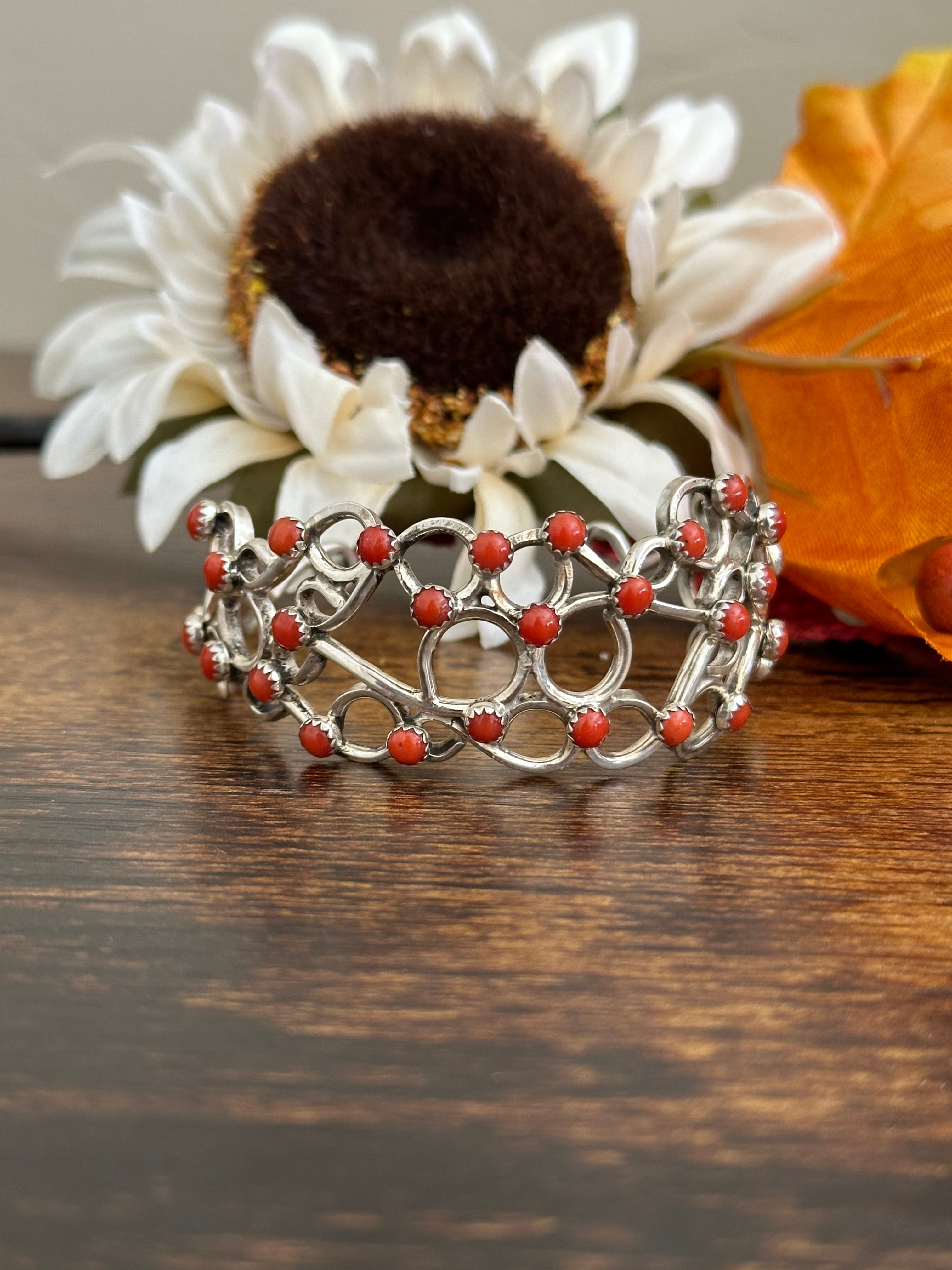 Navajo Made Red Coral & Sterling Silver Cuff Bracelet