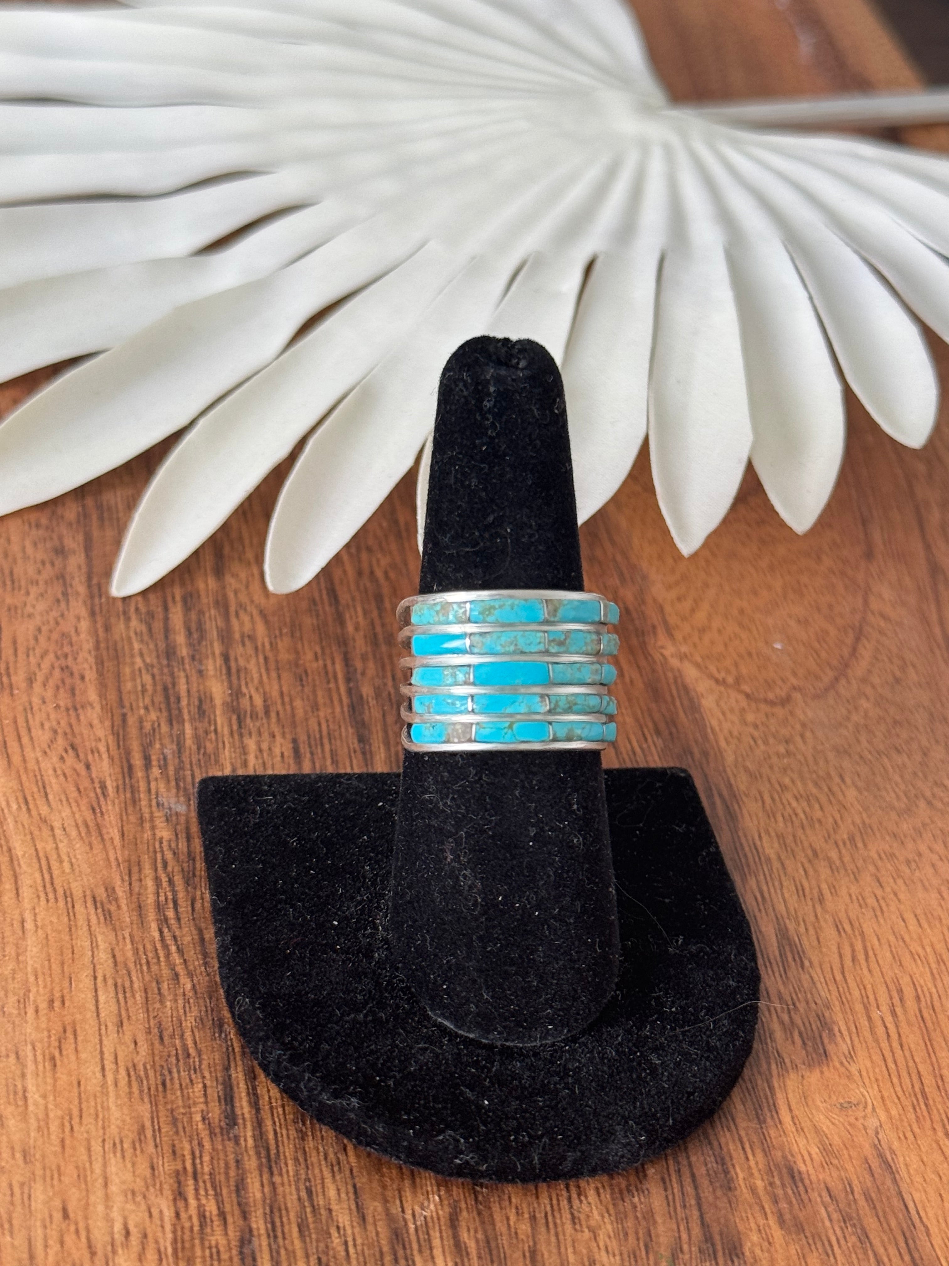 Navajo Made Kingman Turquoise & Sterling Silver Inlay Ring