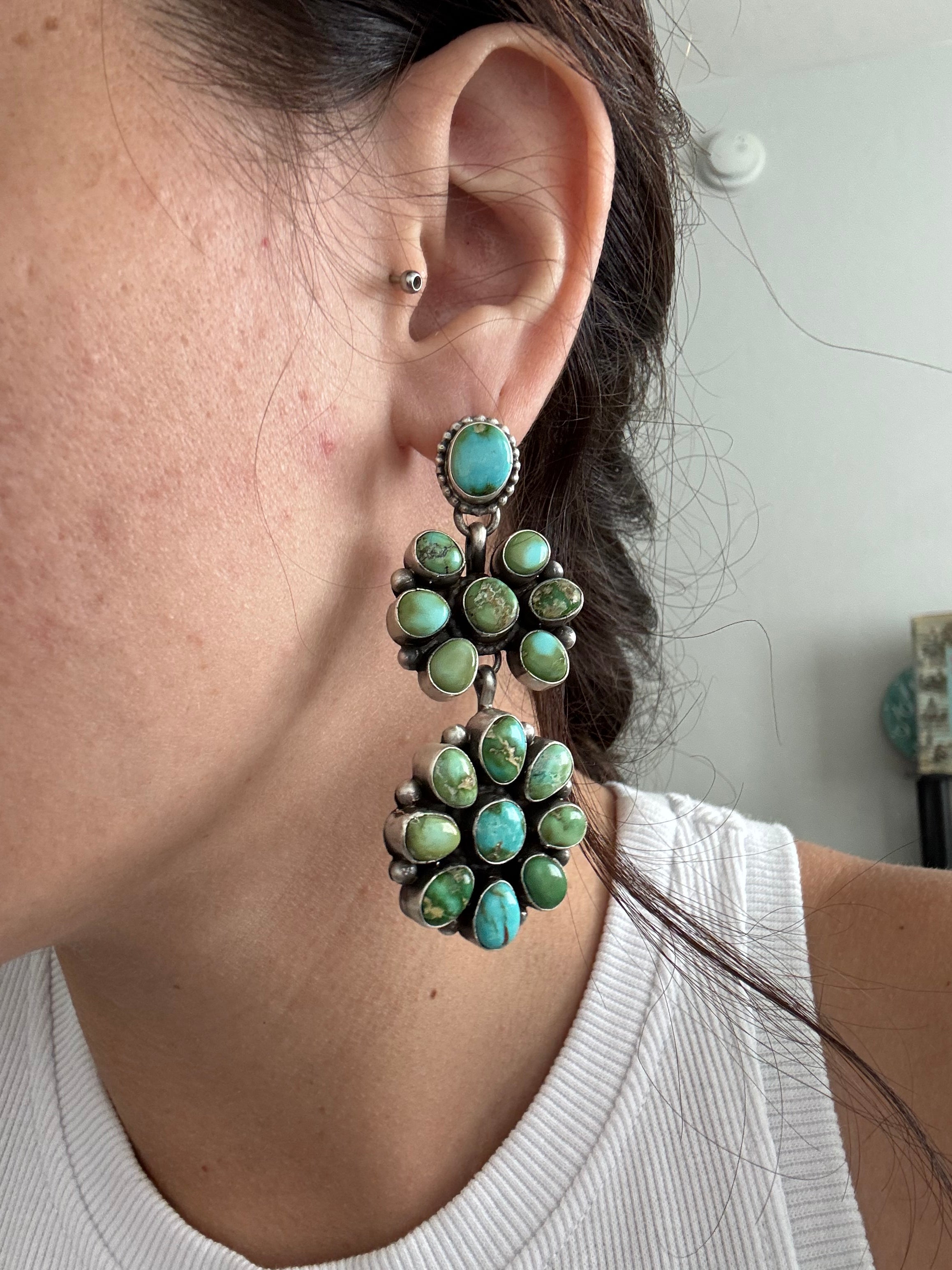 Timothy Yazzie Sonoran Mountain Turquoise & Sterling Silver Post Cluster Dangle Earrings