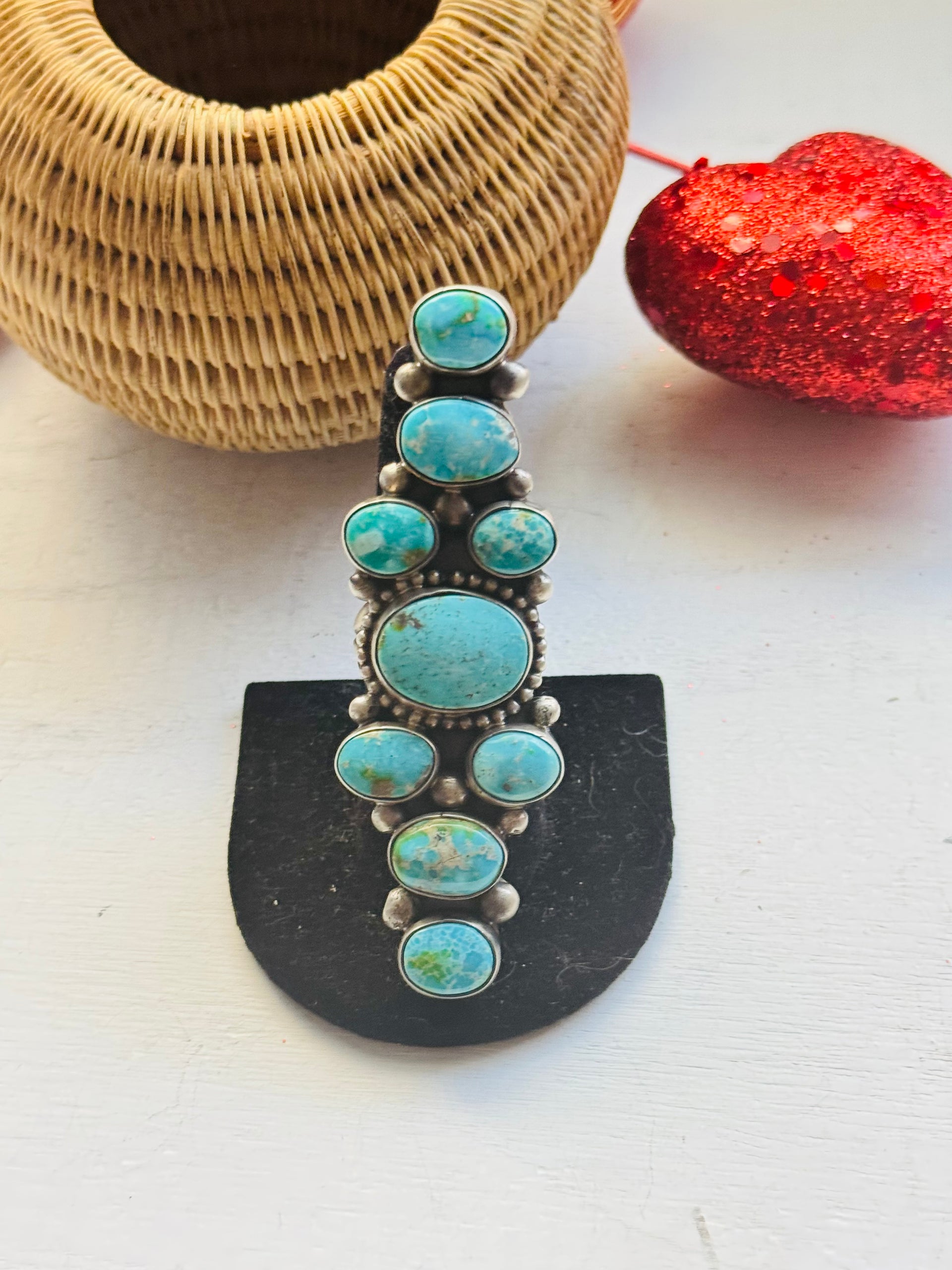 Navajo Handmade Sonoran Mountain Turquoise & Sterling Silver Cluster Ring Size 8.75