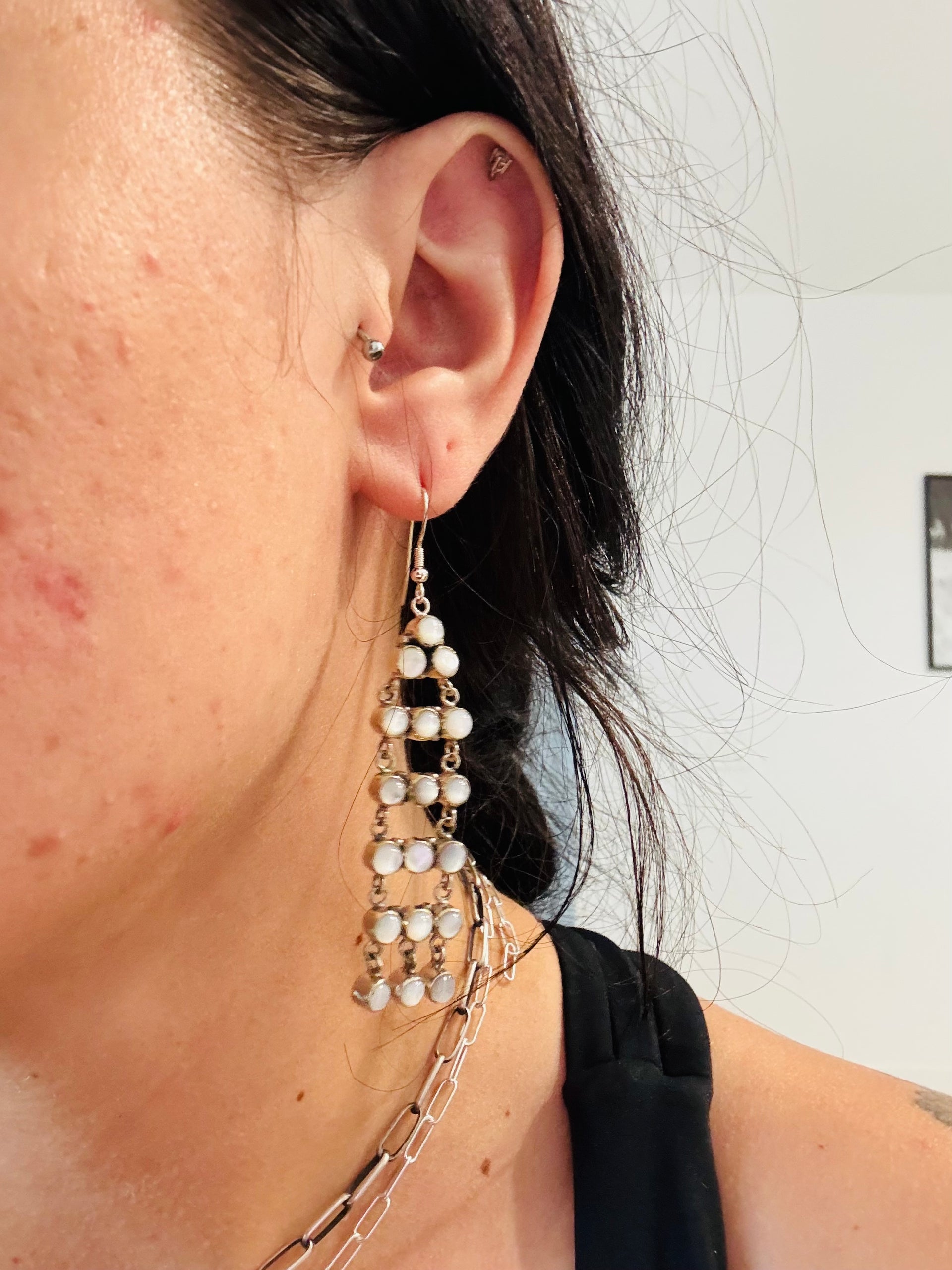 Southwest Made White Mother of Pearl & Sterling Silver Dangle Earrings