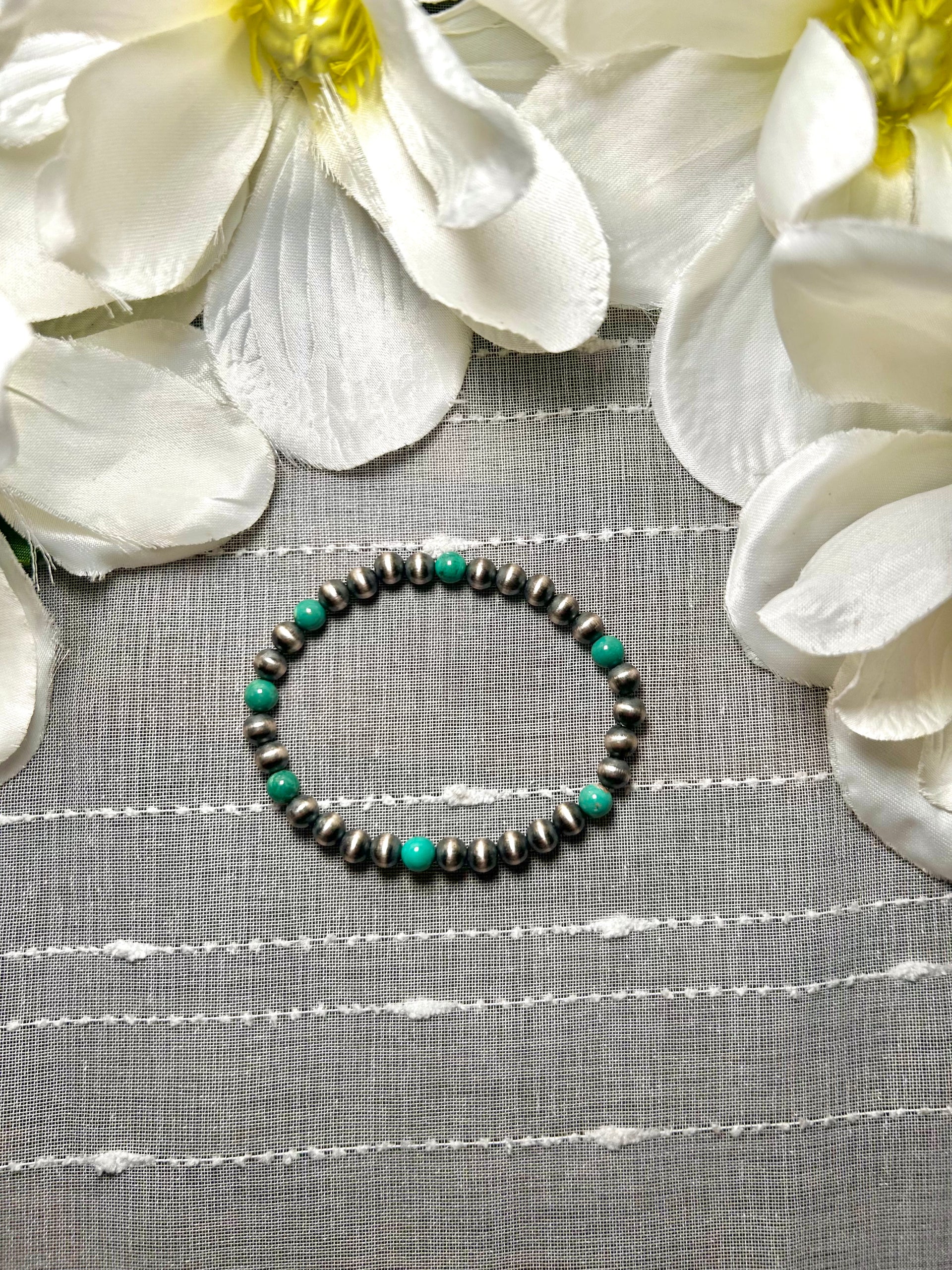 Navajo Made Kingman Turquoise & Sterling Silver Strung Stretchy Bracelet