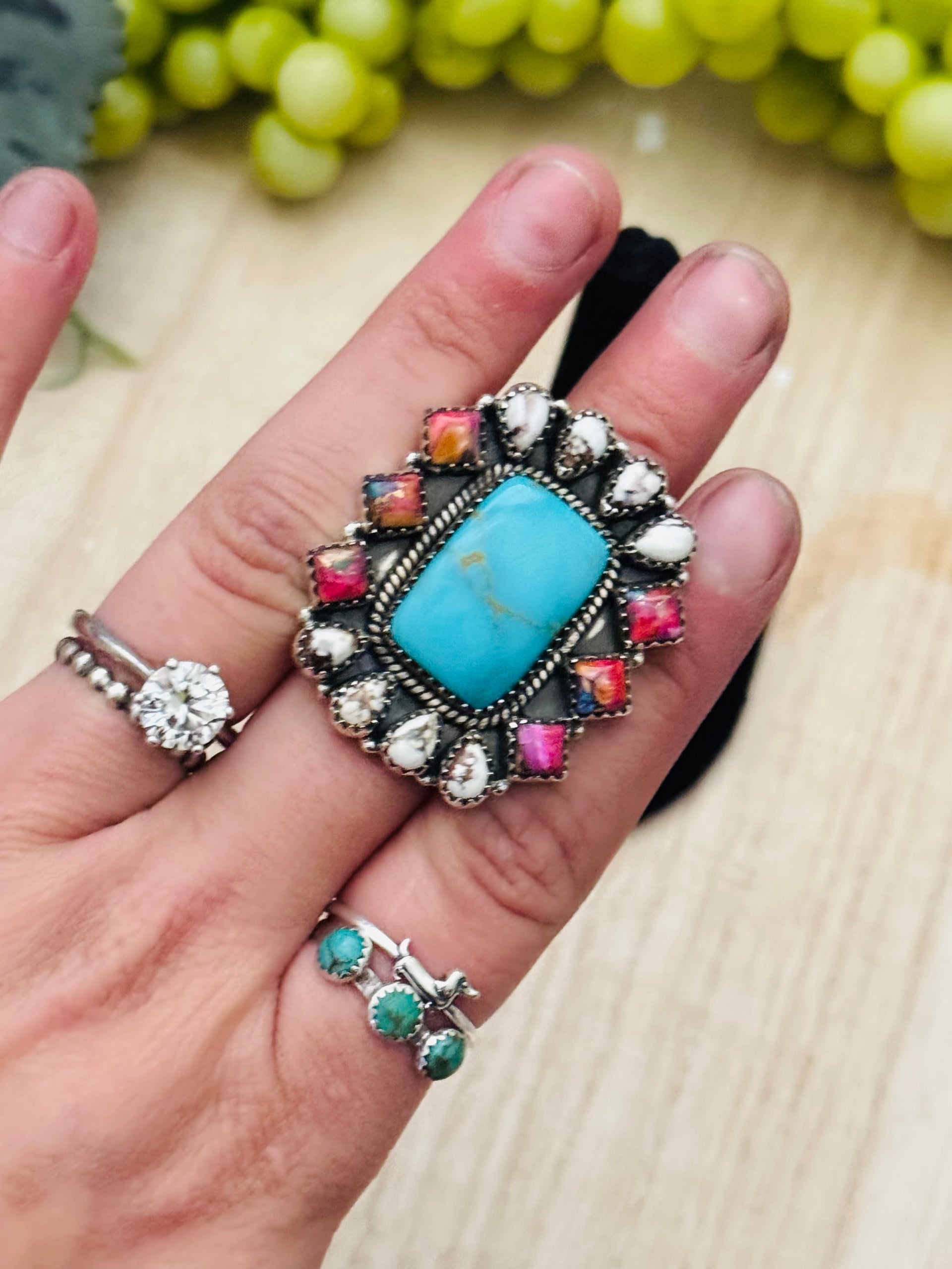 Southwest Handmade Multi Stone & Sterling Silver Adjustable Cluster Ring