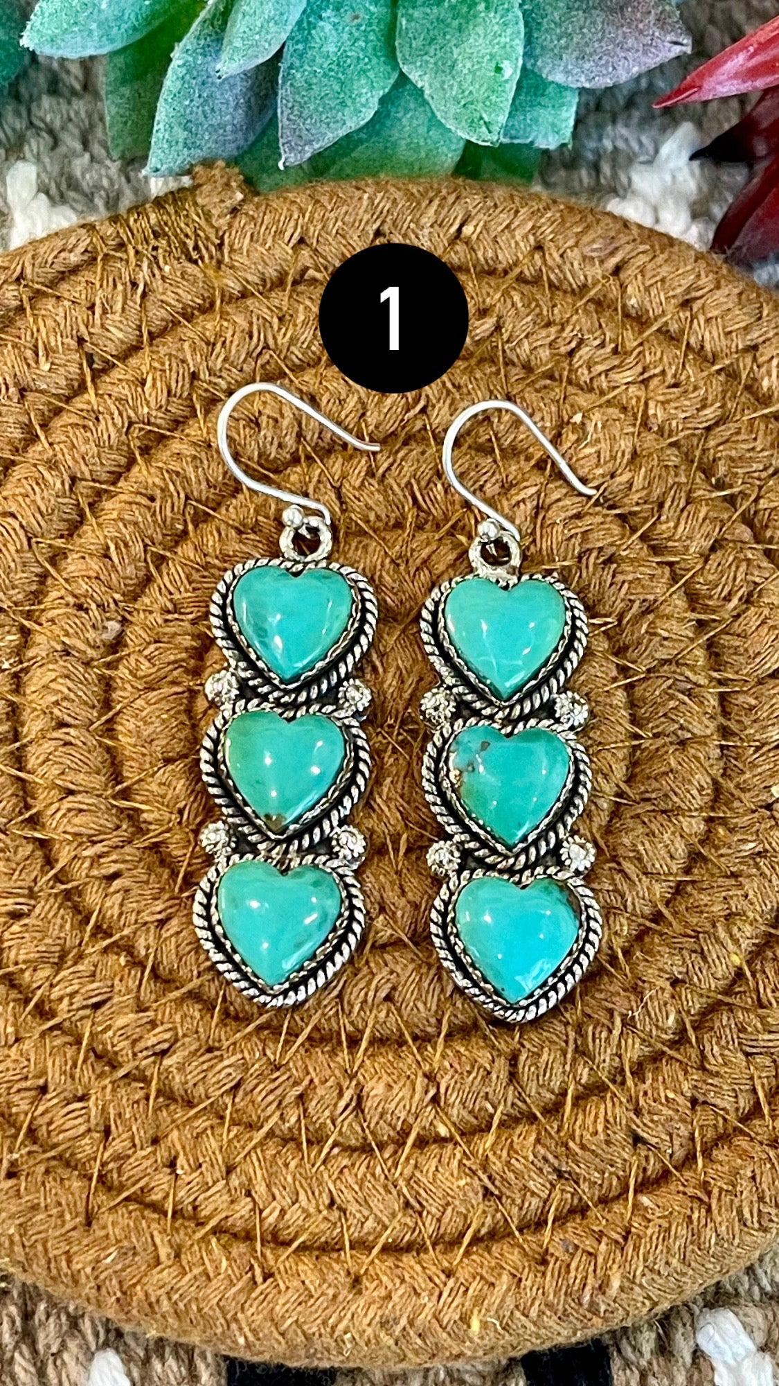 Southwest Handmade Kingman Turquoise & Sterling Silver Post Dangle Heart Earrings