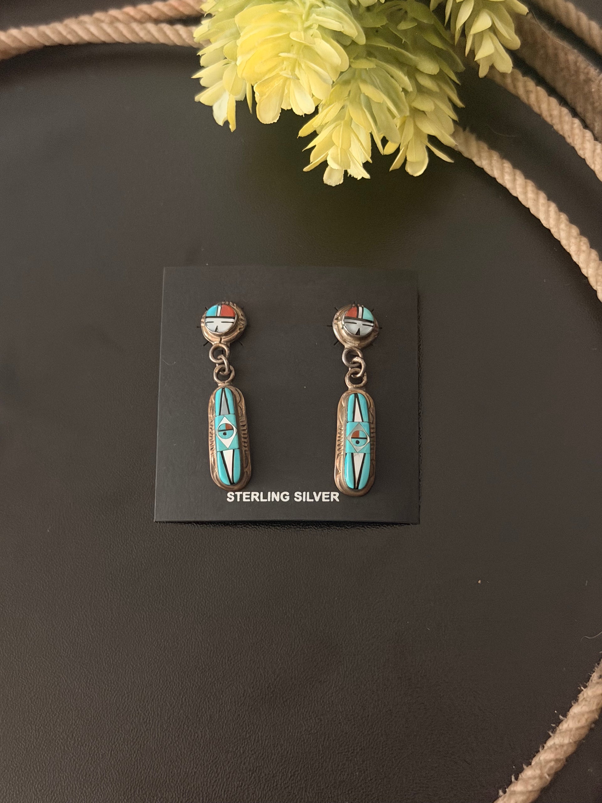 OLD PAWN P Edaakie Multi Stone & Sterling Silver Inlay Sunface Dangle Earrings