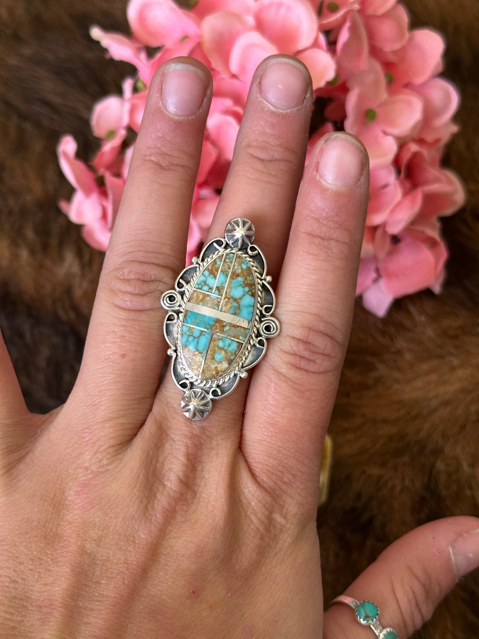Larry Kaye Number 8 Turquoise & Sterling Silver Ring Size 7.75