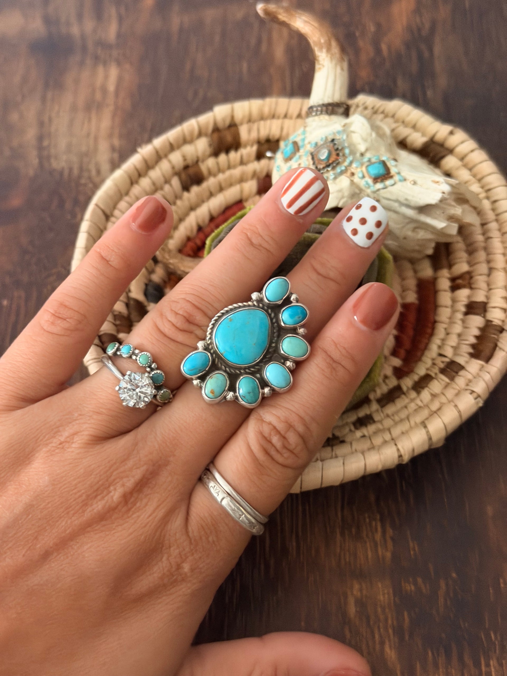 Geraldine James Kingman Turquoise & Sterling Silver Cluster Adjustable Ring