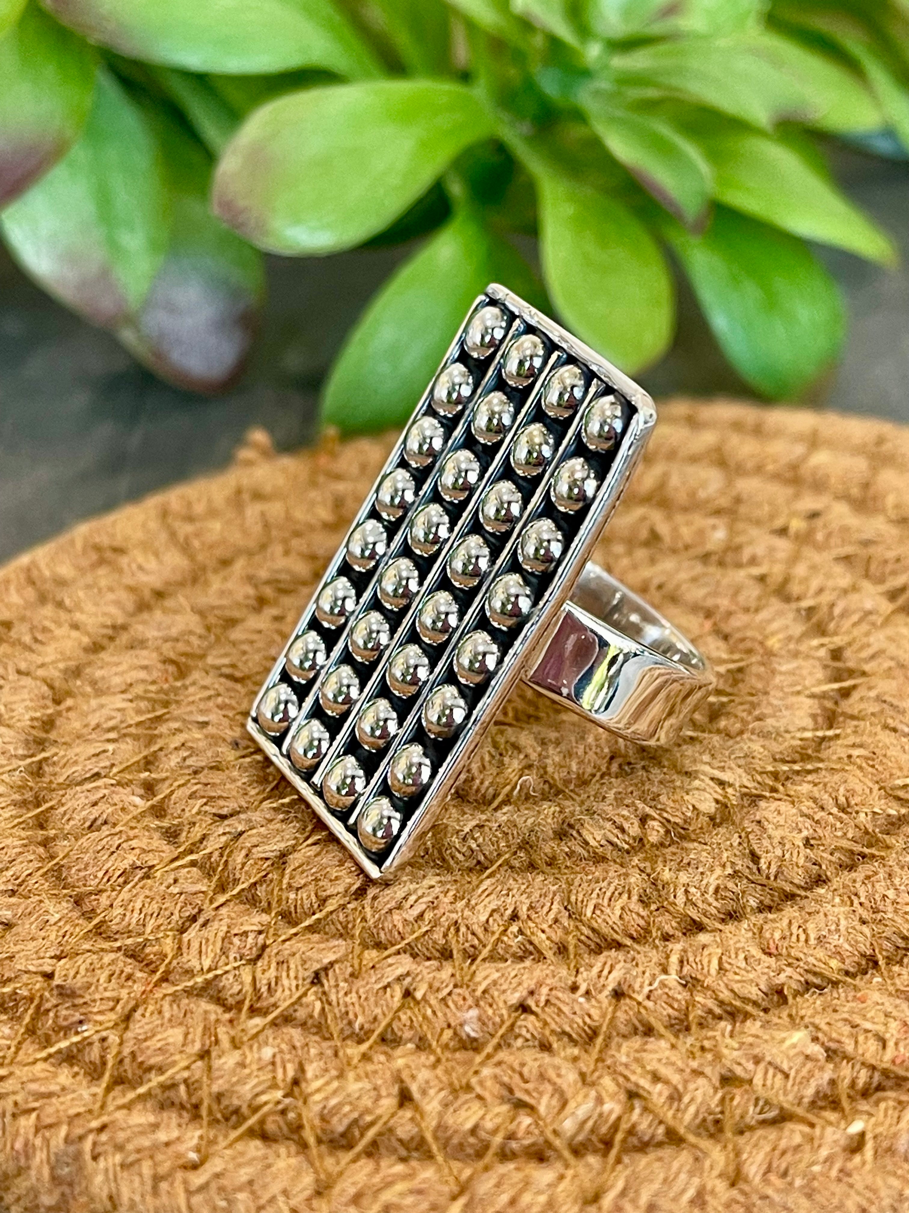 Southwest Handmade Sterling Silver Ball Rectangle Adjustable Ring