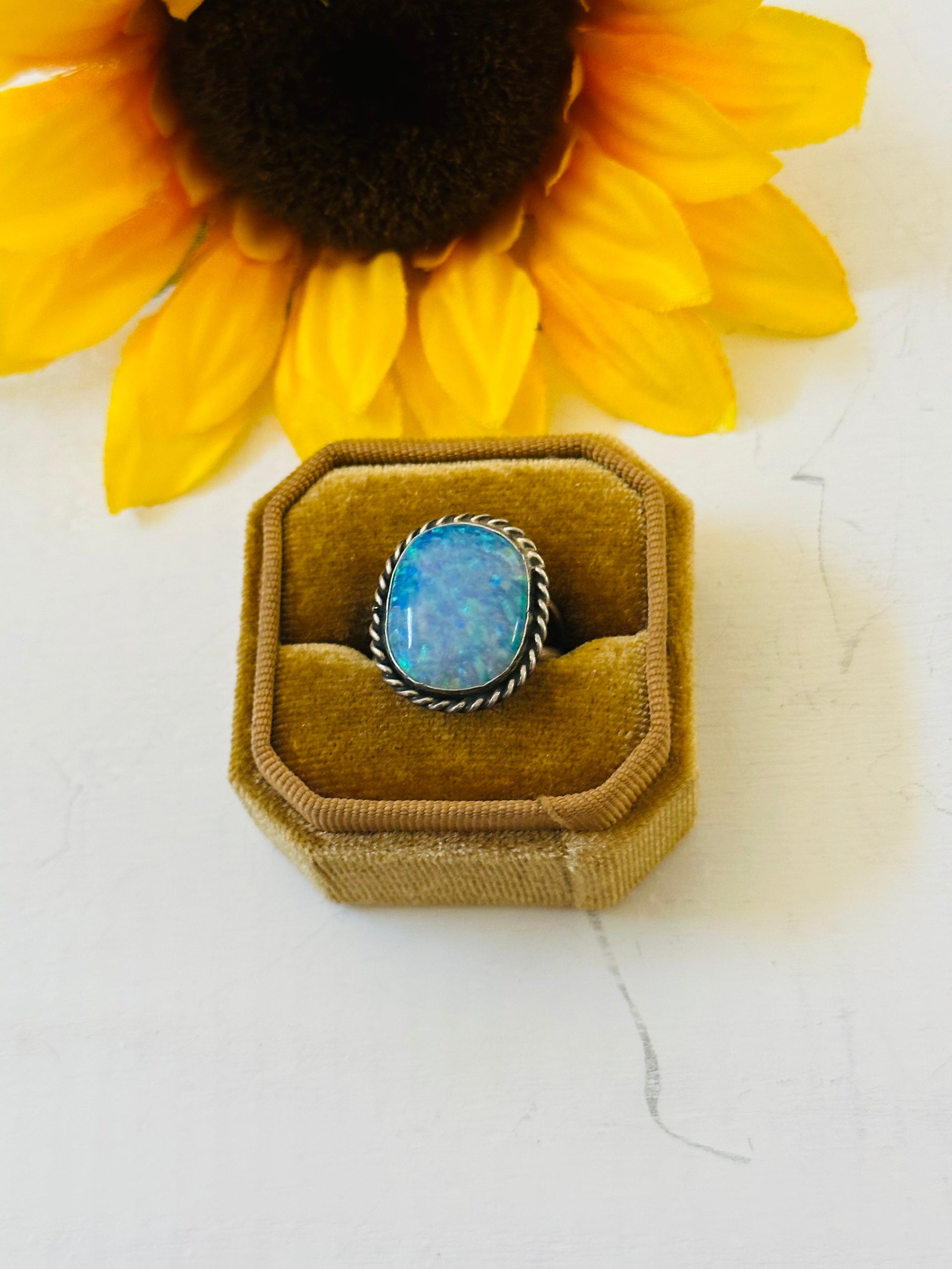 Navajo Made Blue Opal & Sterling Silver Ring Size 8.75