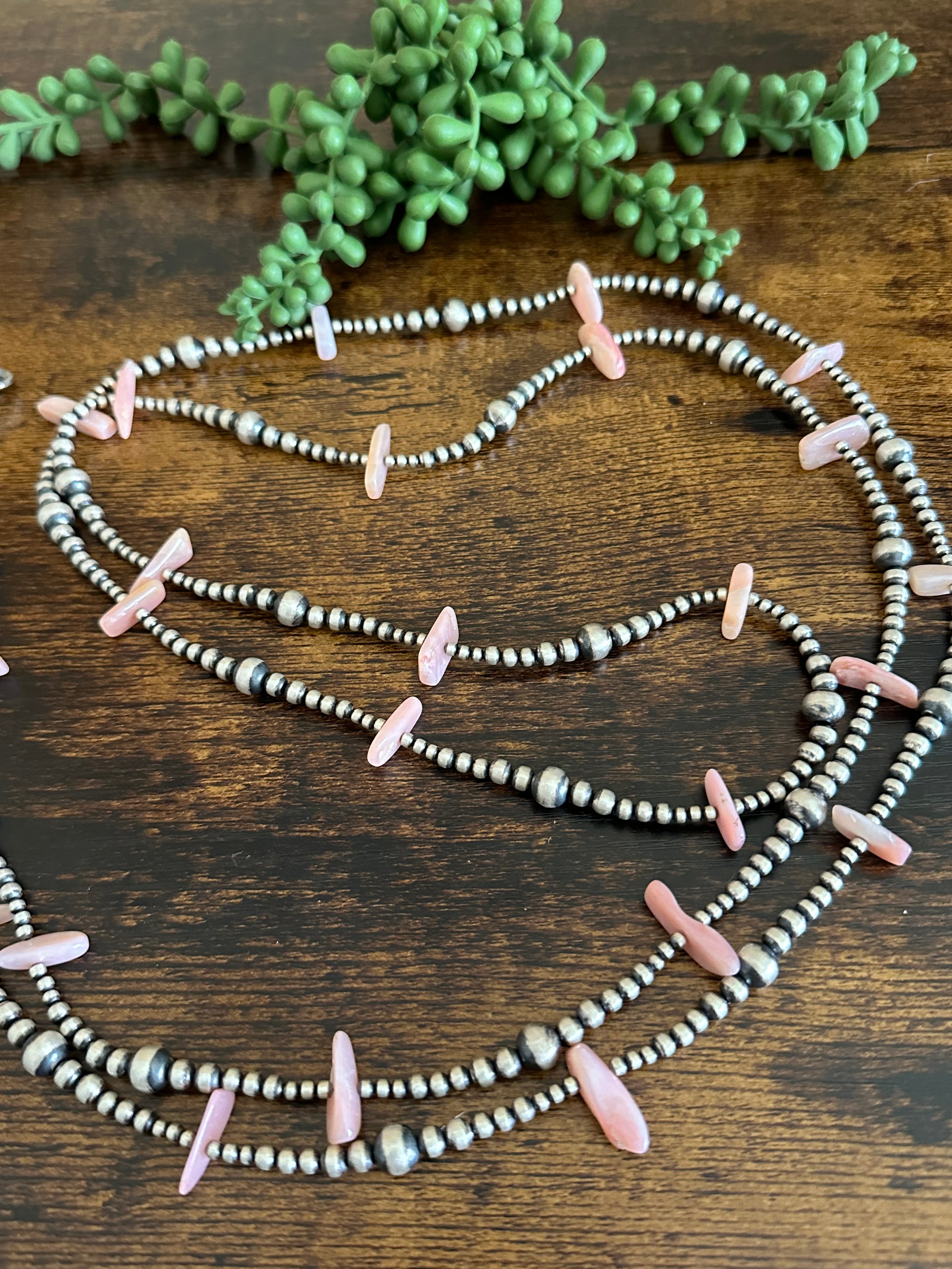 Navajo Strung Pink Peruvian Opal & Sterling Silver Graduated Pearls Beaded Necklace