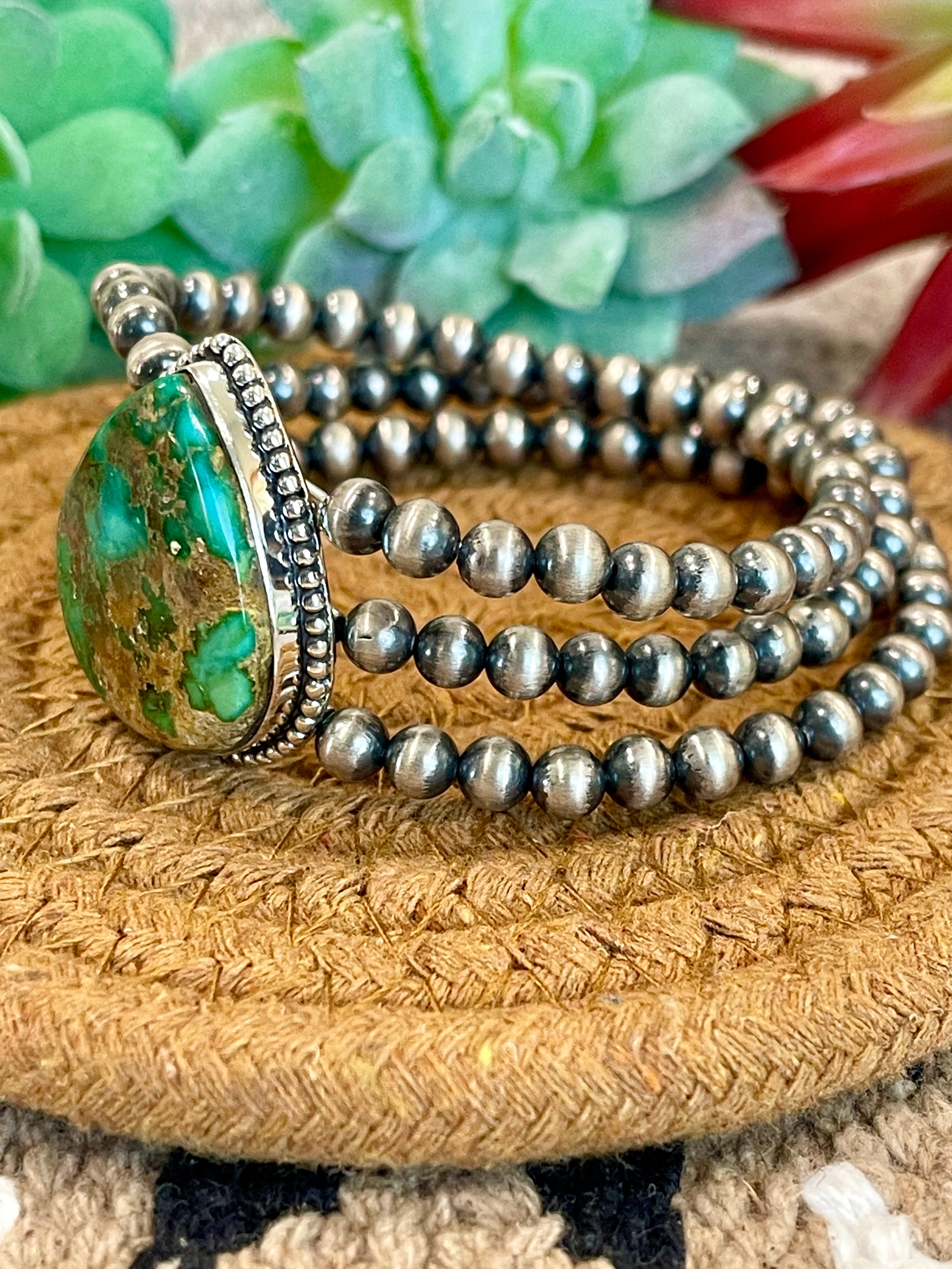 Southwest Handmade Sonoran Mountain Turquoise & Sterling Silver 3 Strand Beaded Stretch Bracelet