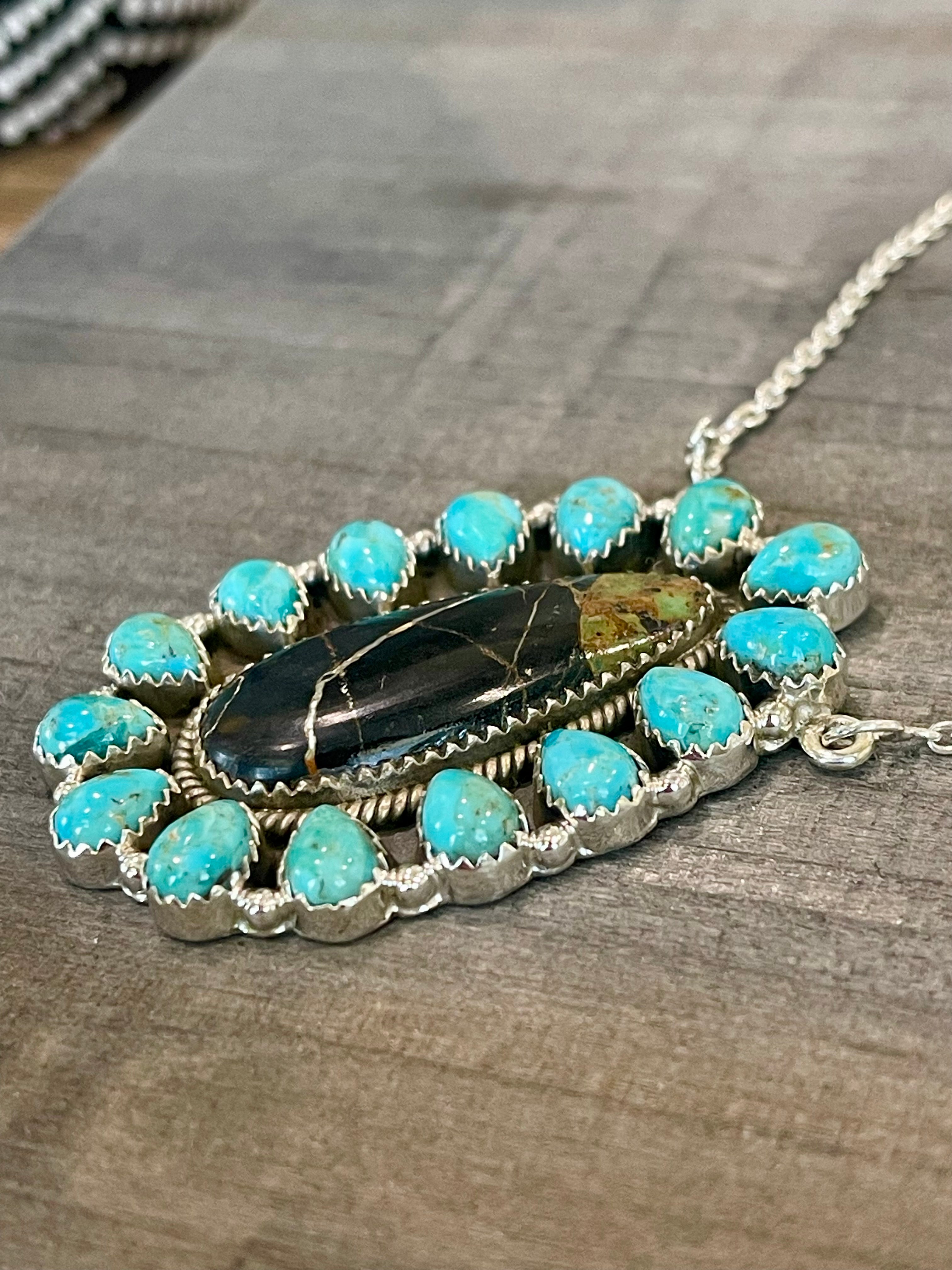 Southwest Handmade BlackJack Turquoise And Kingman Turquoise & Sterling Silver Necklace