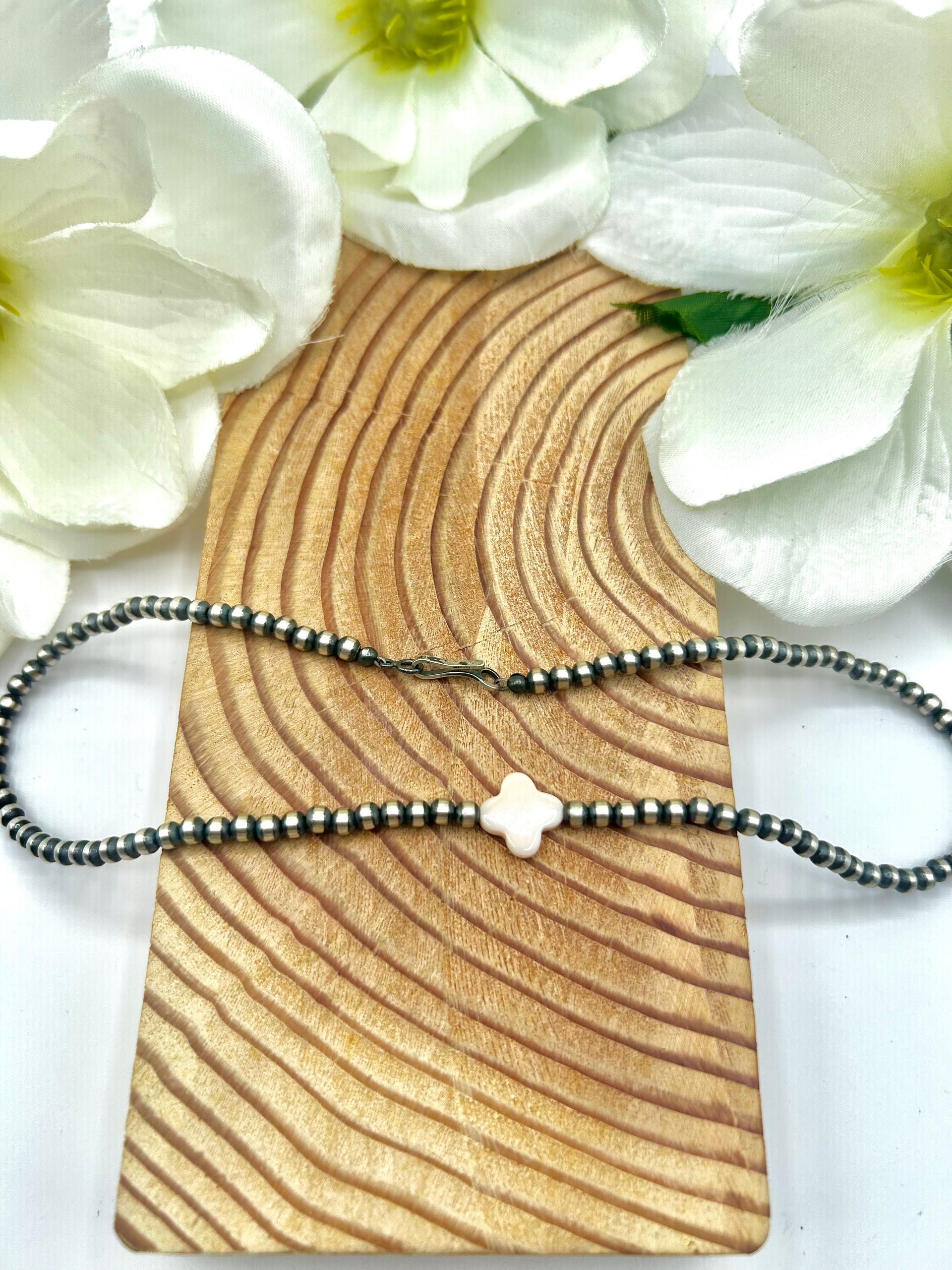 Navajo Made Strung Pink Conch & Sterling Silver Necklace