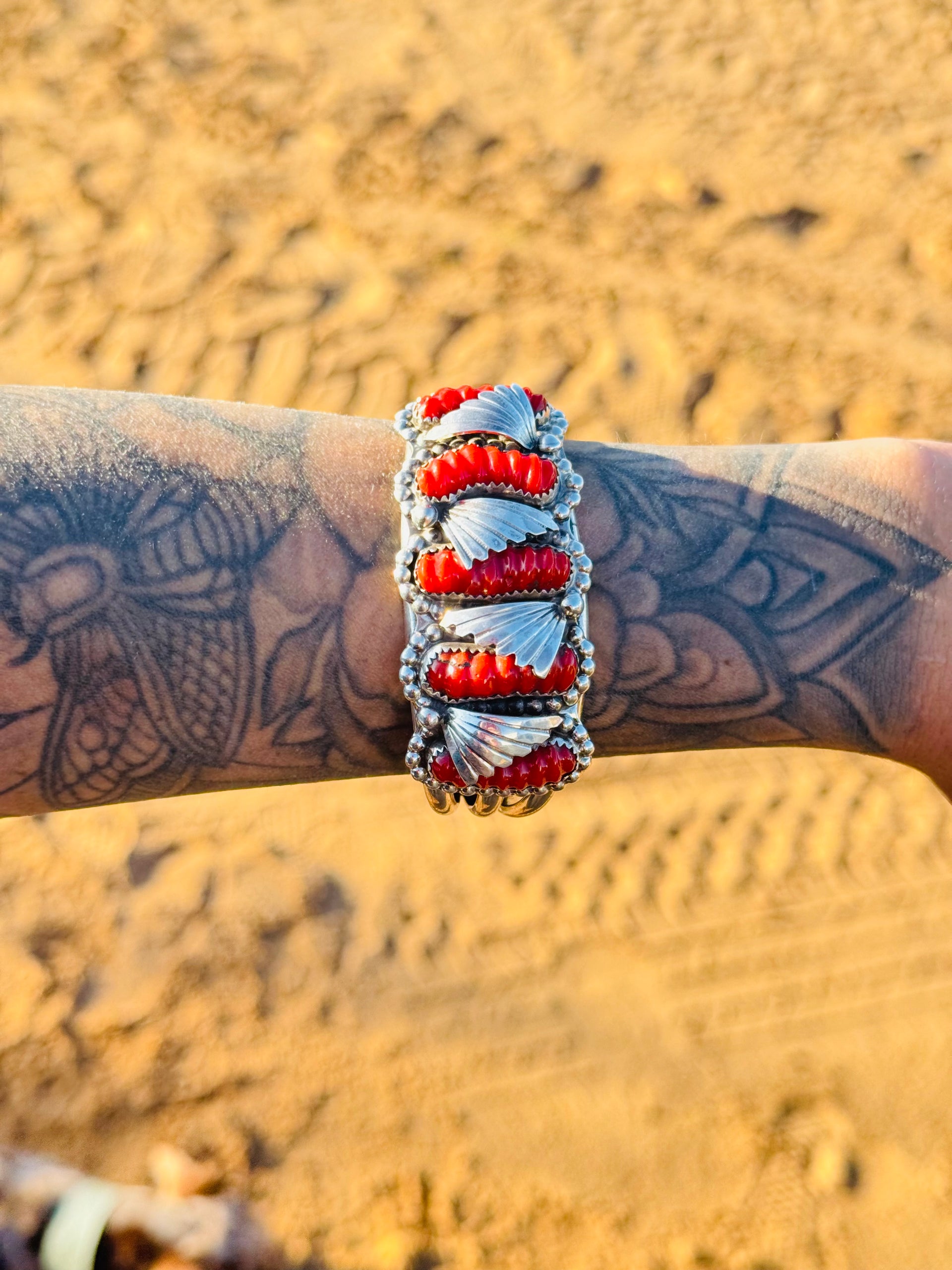 Navajo Made Red Coral & Sterling Silver Cuff Bracelet