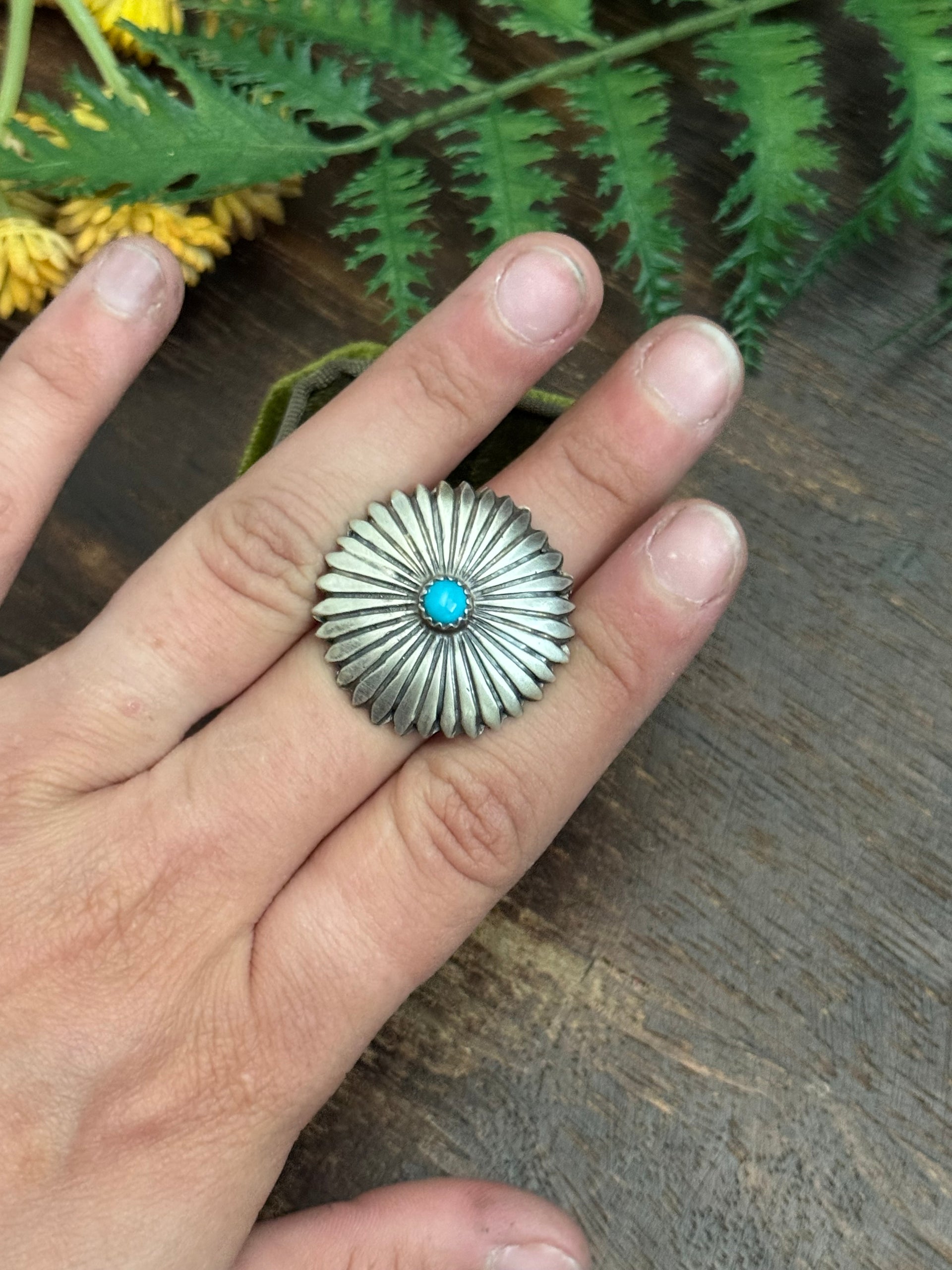 Navajo Made Kingman Turquoise & Sterling Sliver Concho Ring