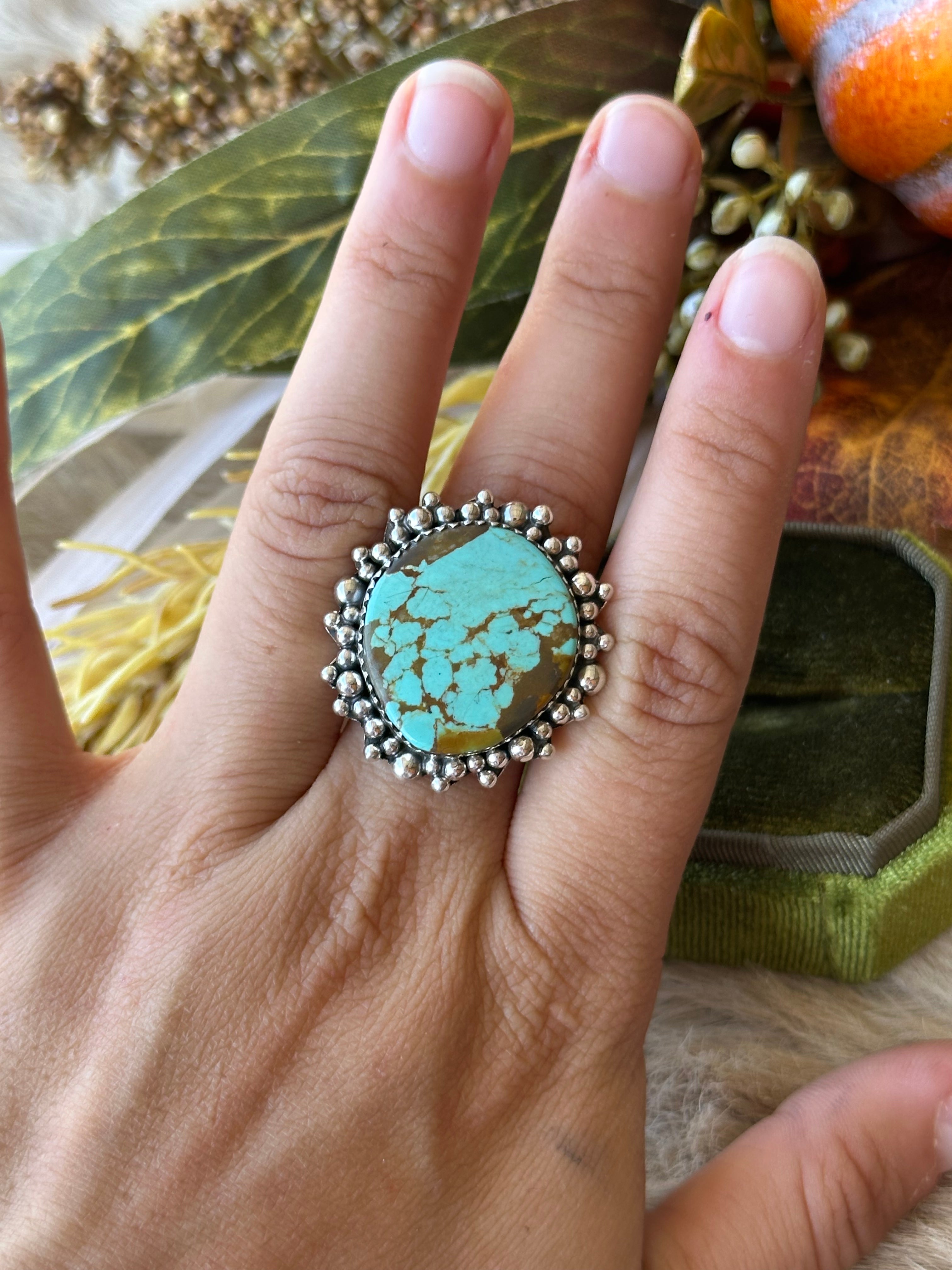 Southwest Handmade #8 Turquoise & Sterling Silver Adjustable Ring