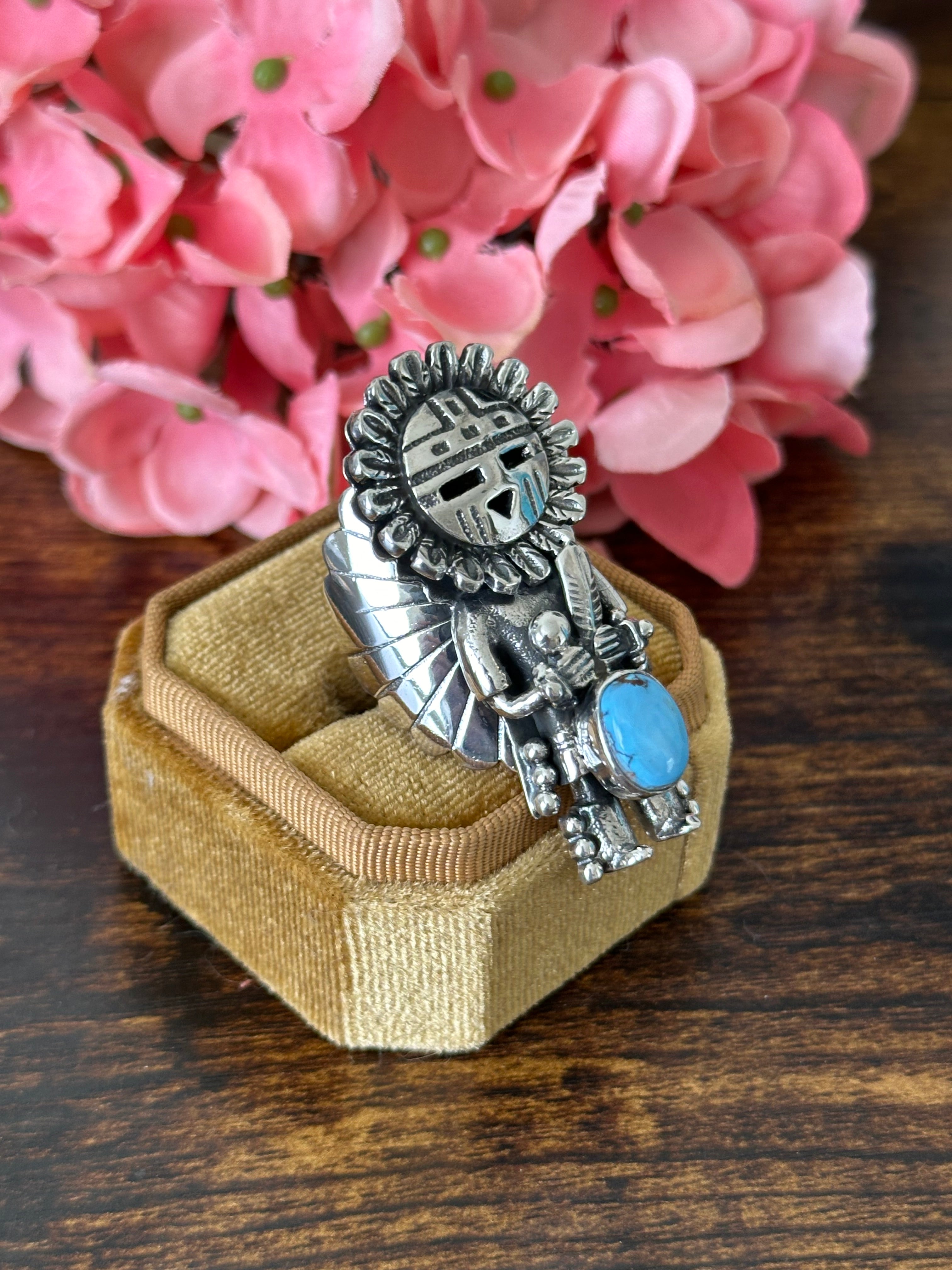 Southwest Handmade Golden Hills Turquoise & Sterling Silver Adjustable Kokopelli Ring