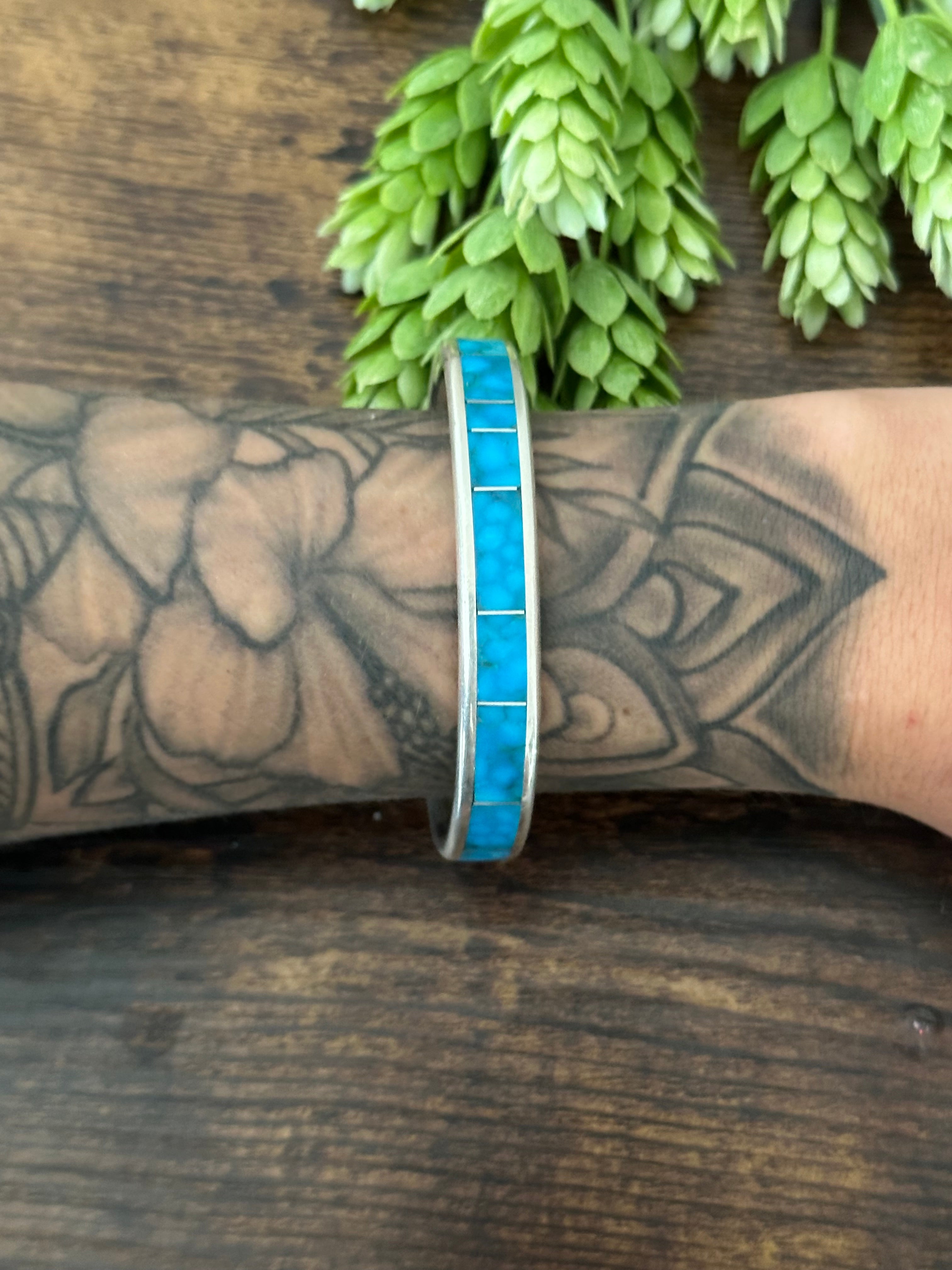 Lawrence Lorett Kingman Turquoise & Sterling Silver Inlay Cuff Bracelet