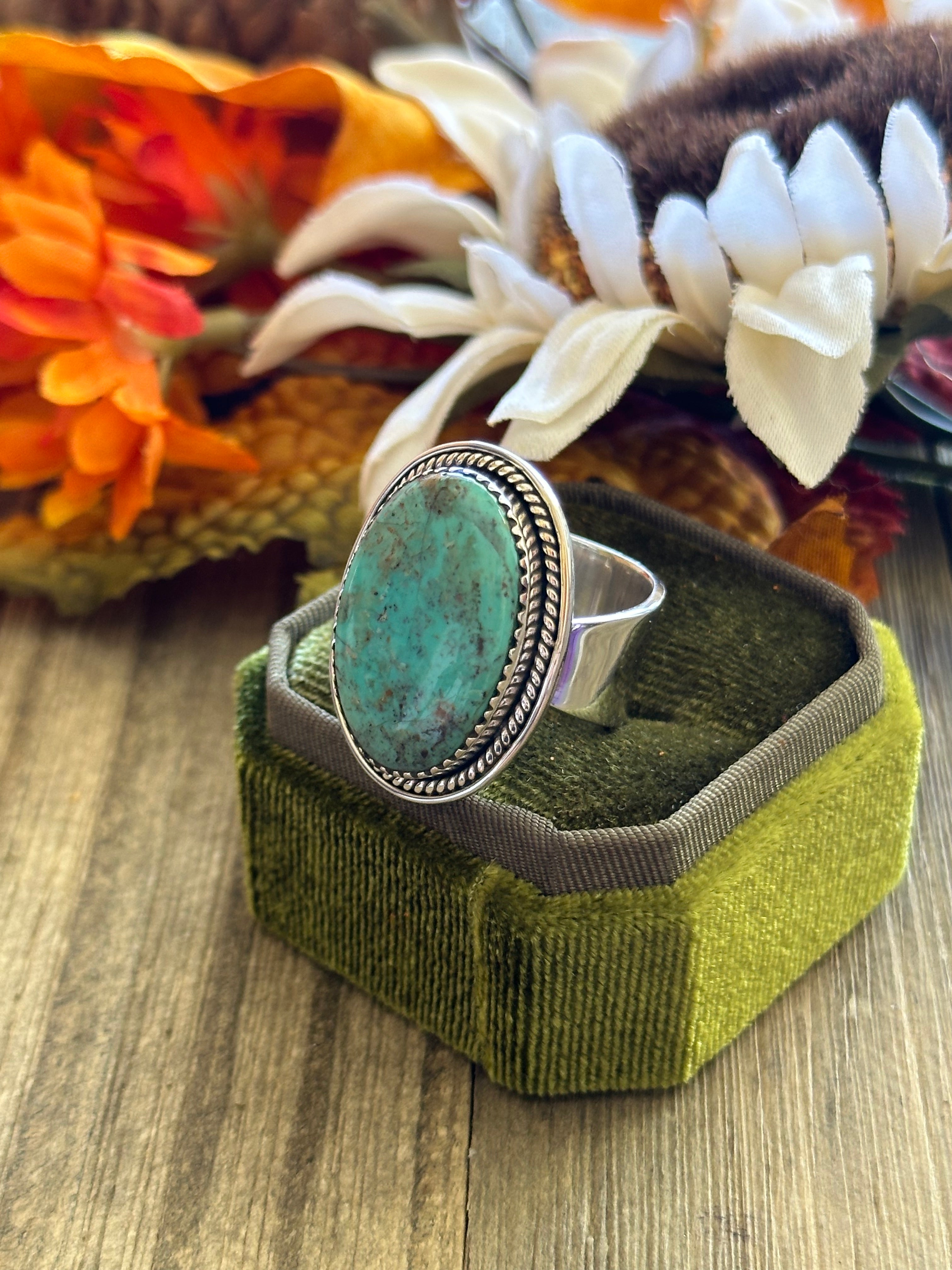 Southwest Handmade #8 Turquoise & Sterling Silver Adjustable Ring