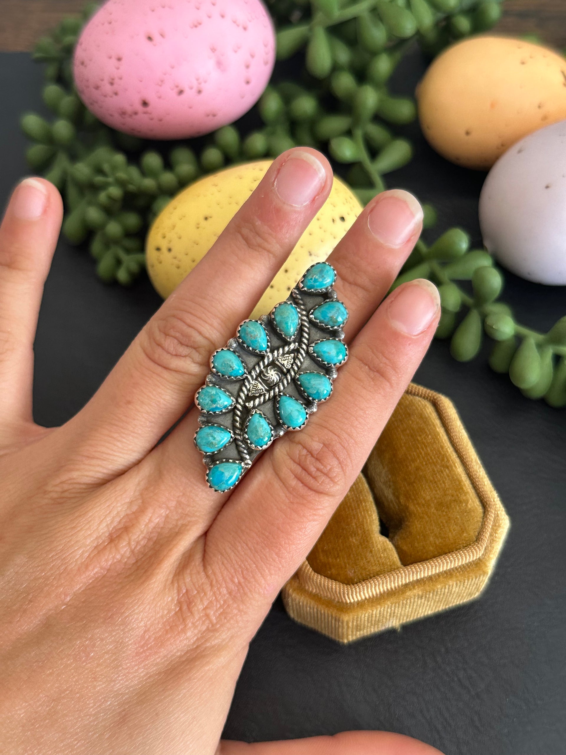 TTD “Twin Flame” Kingman Turquoise & Sterling Silver Adjustable Cluster Ring