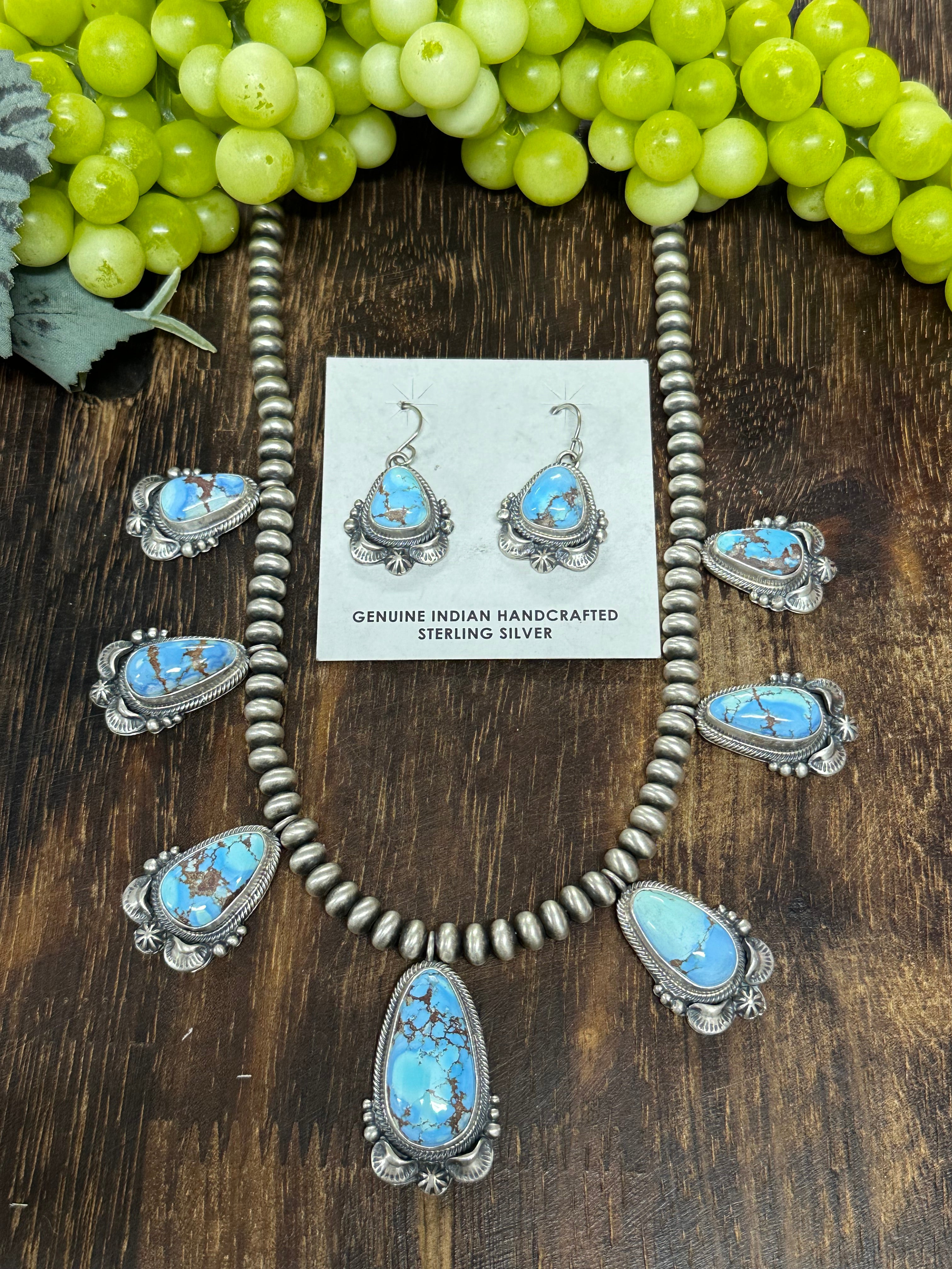 Navajo Made Golden Hills Turquoise & Sterling Silver Necklace Set