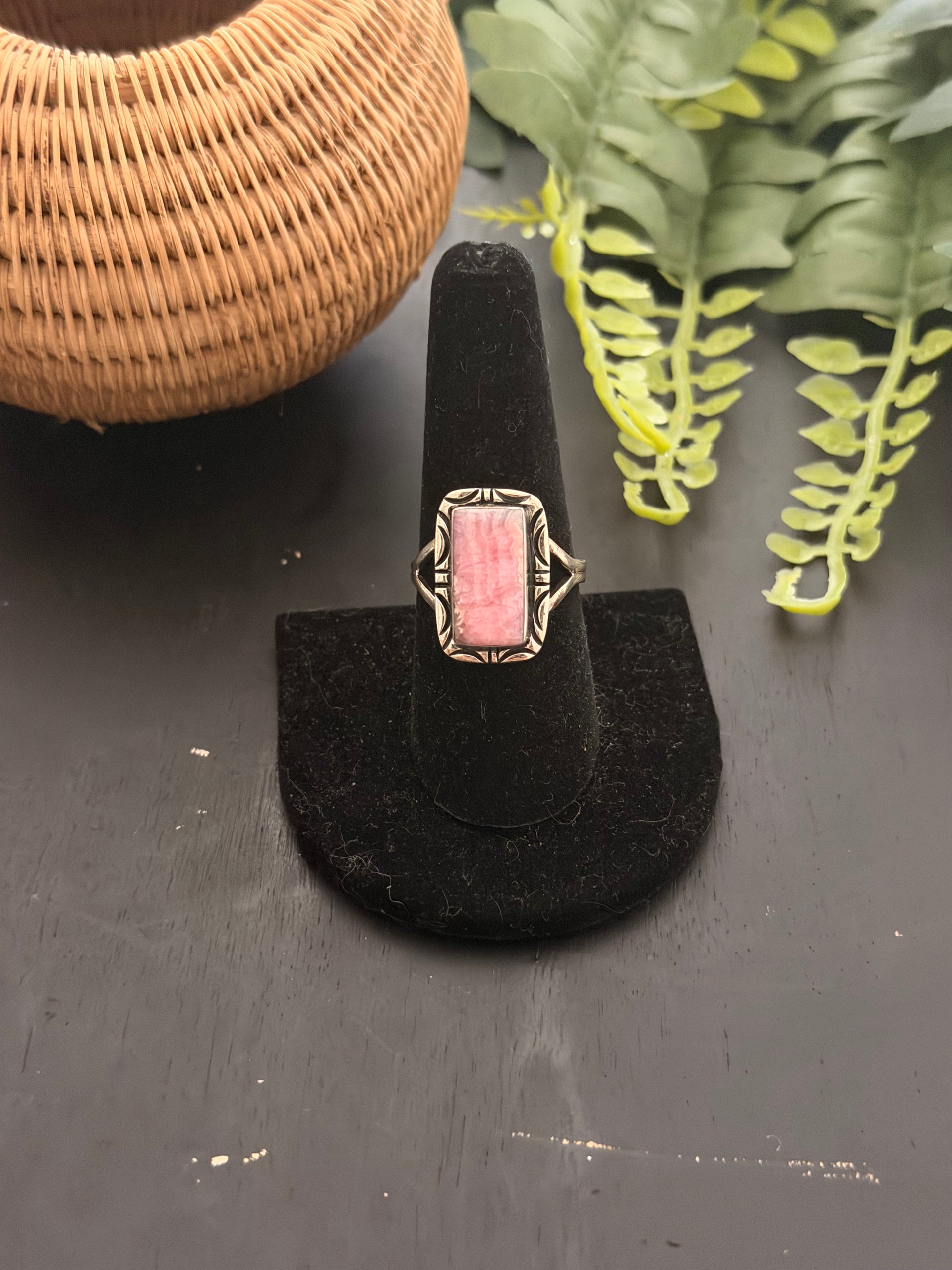 Navajo Made Rhodochrosite & Sterling Silver Ring Size 8.5