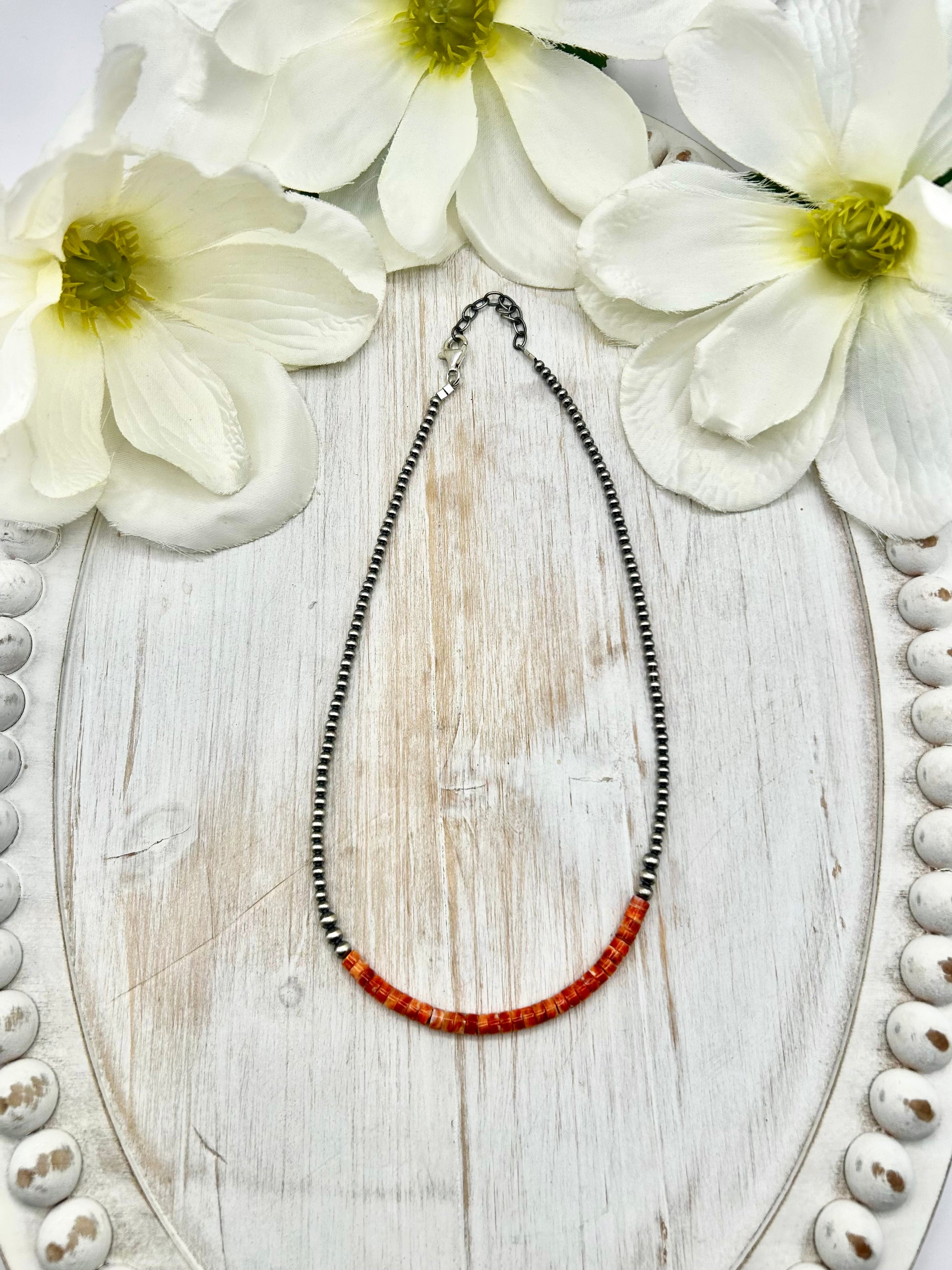Navajo Made Strung Spiny Oyster & Sterling Silver Necklace