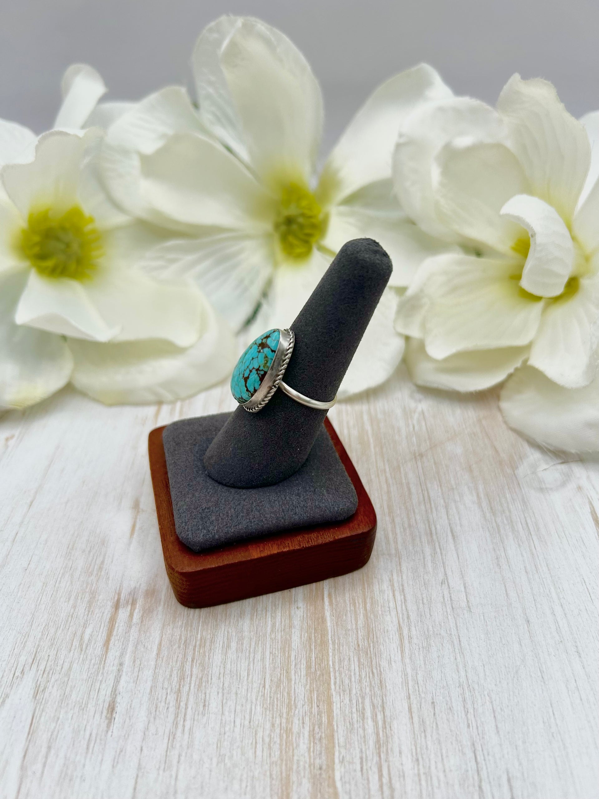 Navajo Made #8 Turquoise & Sterling Silver Ring Size 7.5