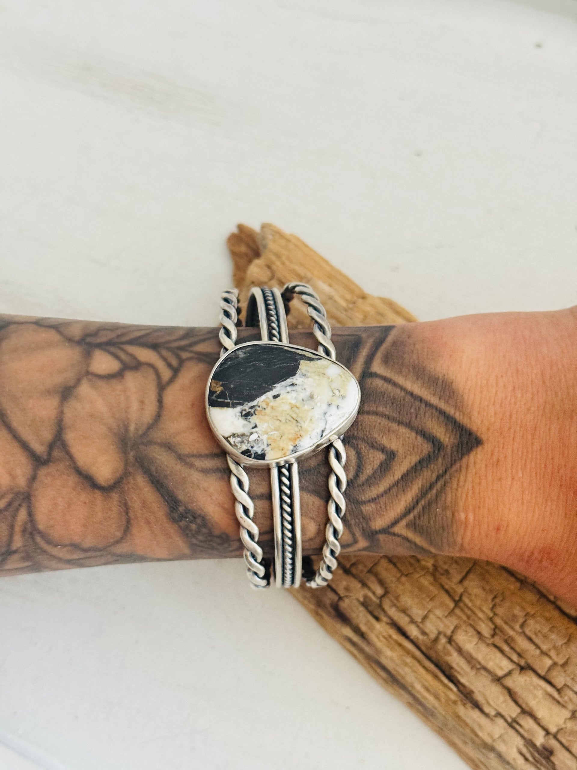 Navajo Made White Buffalo & Sterling Silver Cuff Bracelet