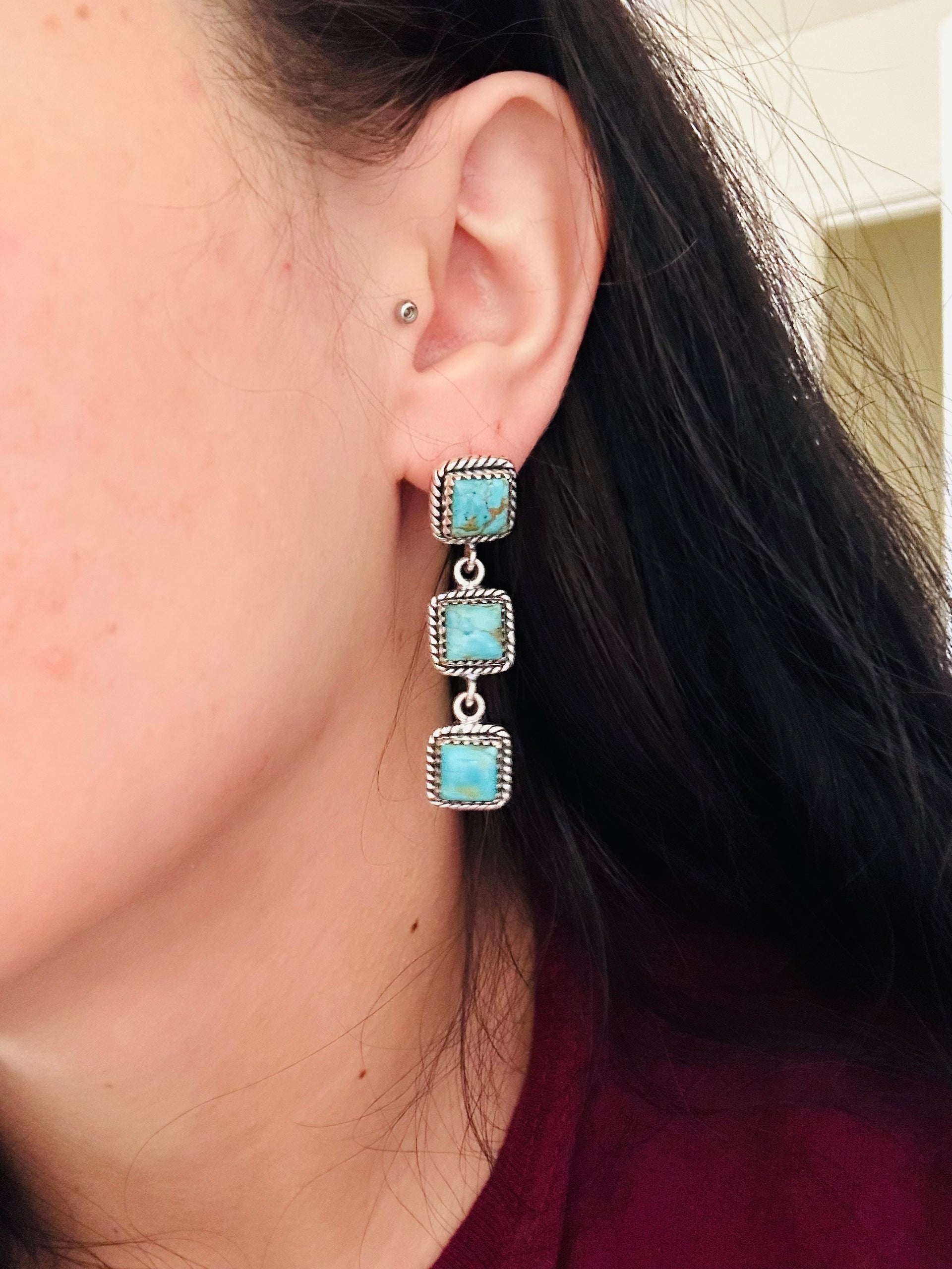 Southwest Handmade Kingman Turquoise & Sterling Silver Post Dangle Earrings
