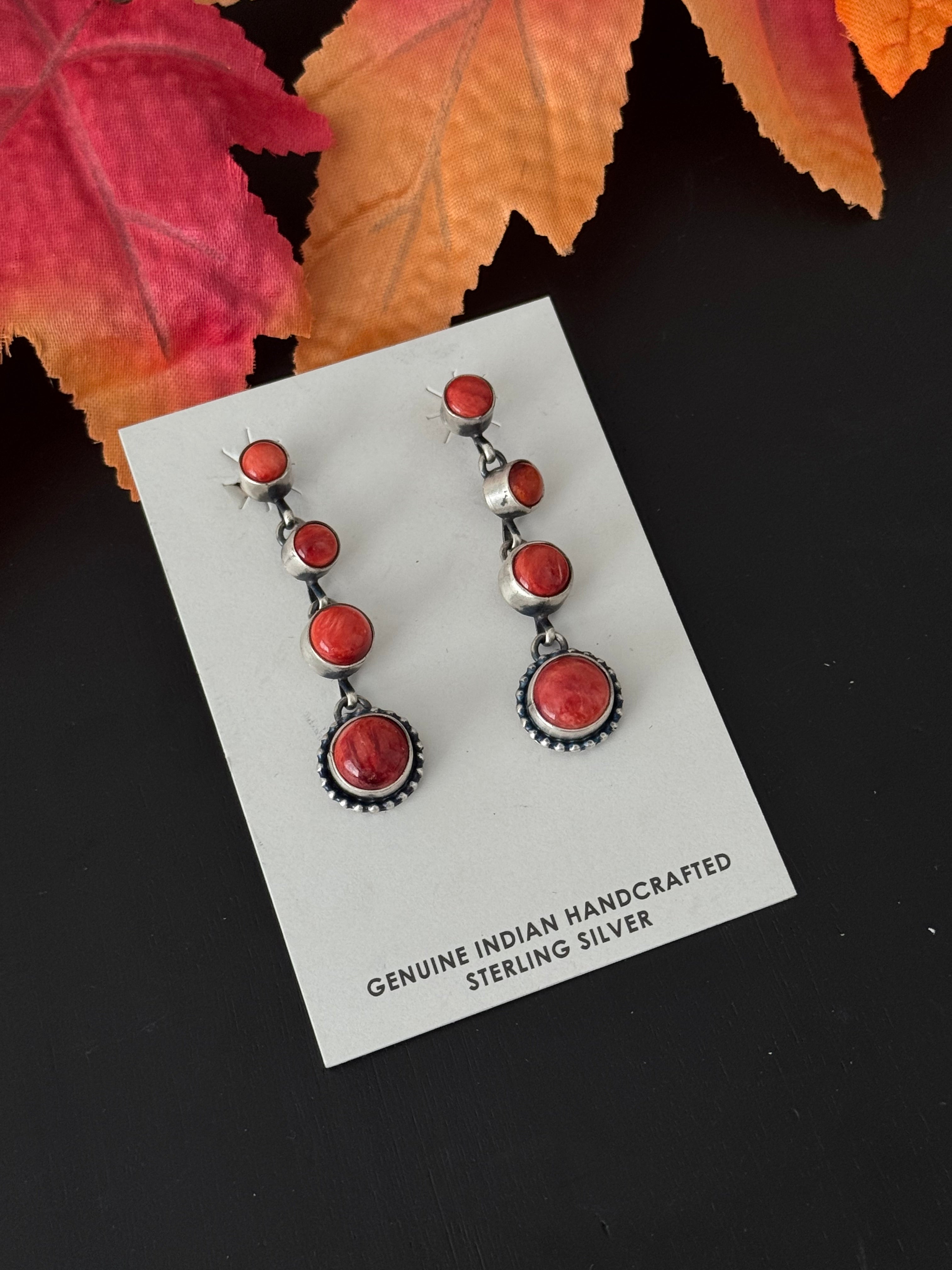 Navajo Made Red Spiny Oyster & Sterling Silver Post Dangle Earrings