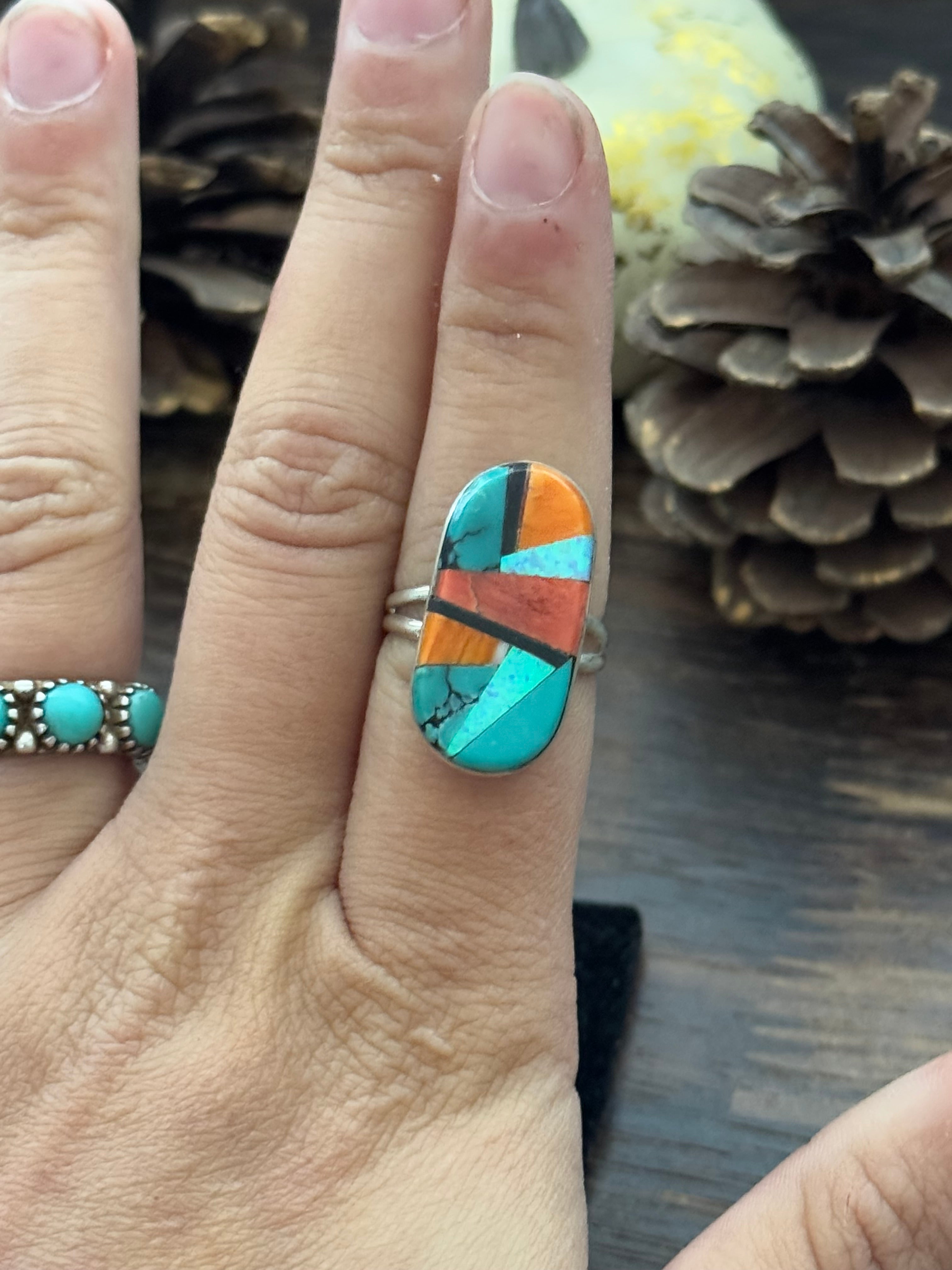 Navajo Made Multi Stone & Sterling Silver Inlay Ring Size 6.5