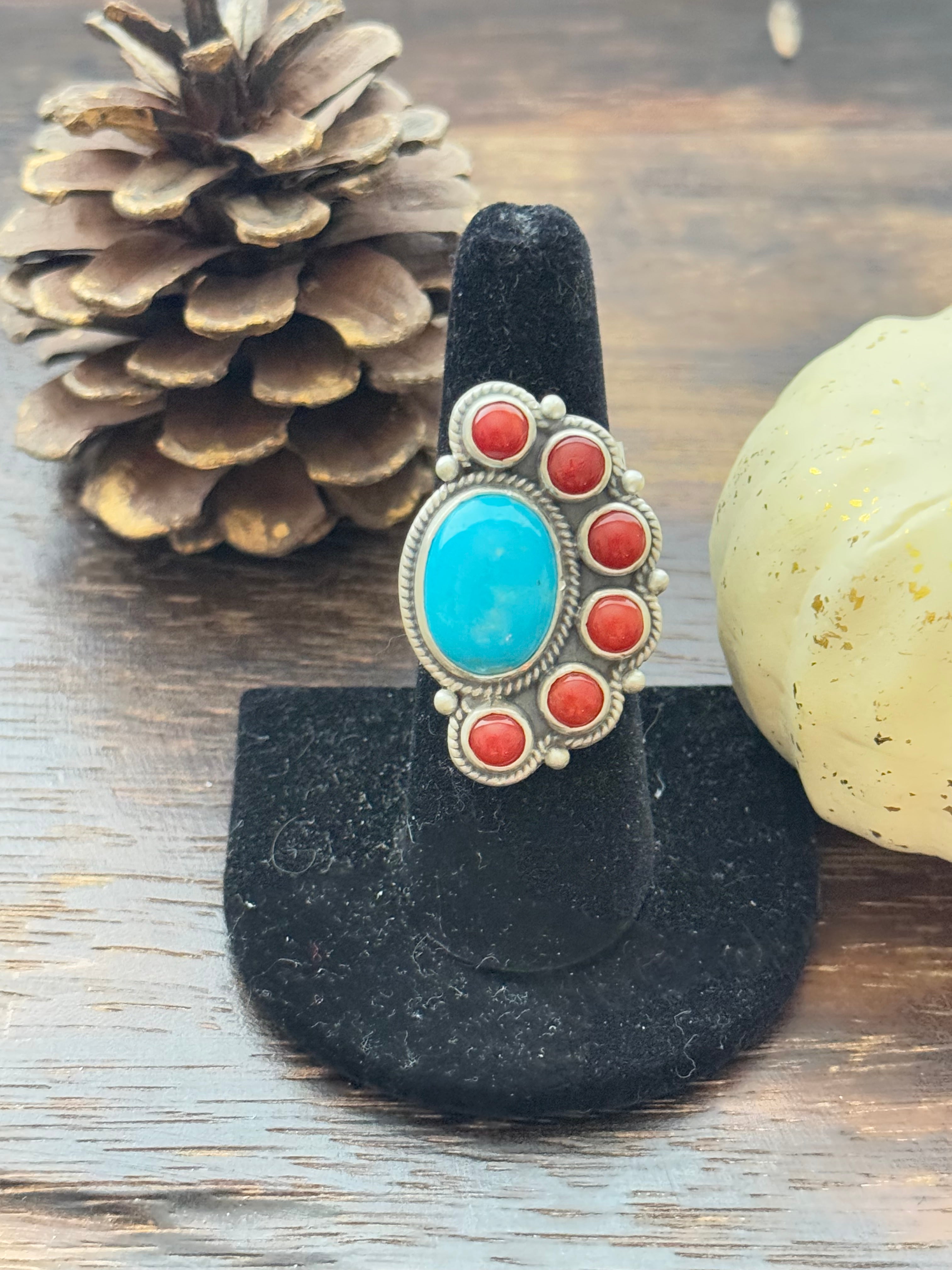 Navajo Made Multi Stone & Sterling Silver Adjustable Ring