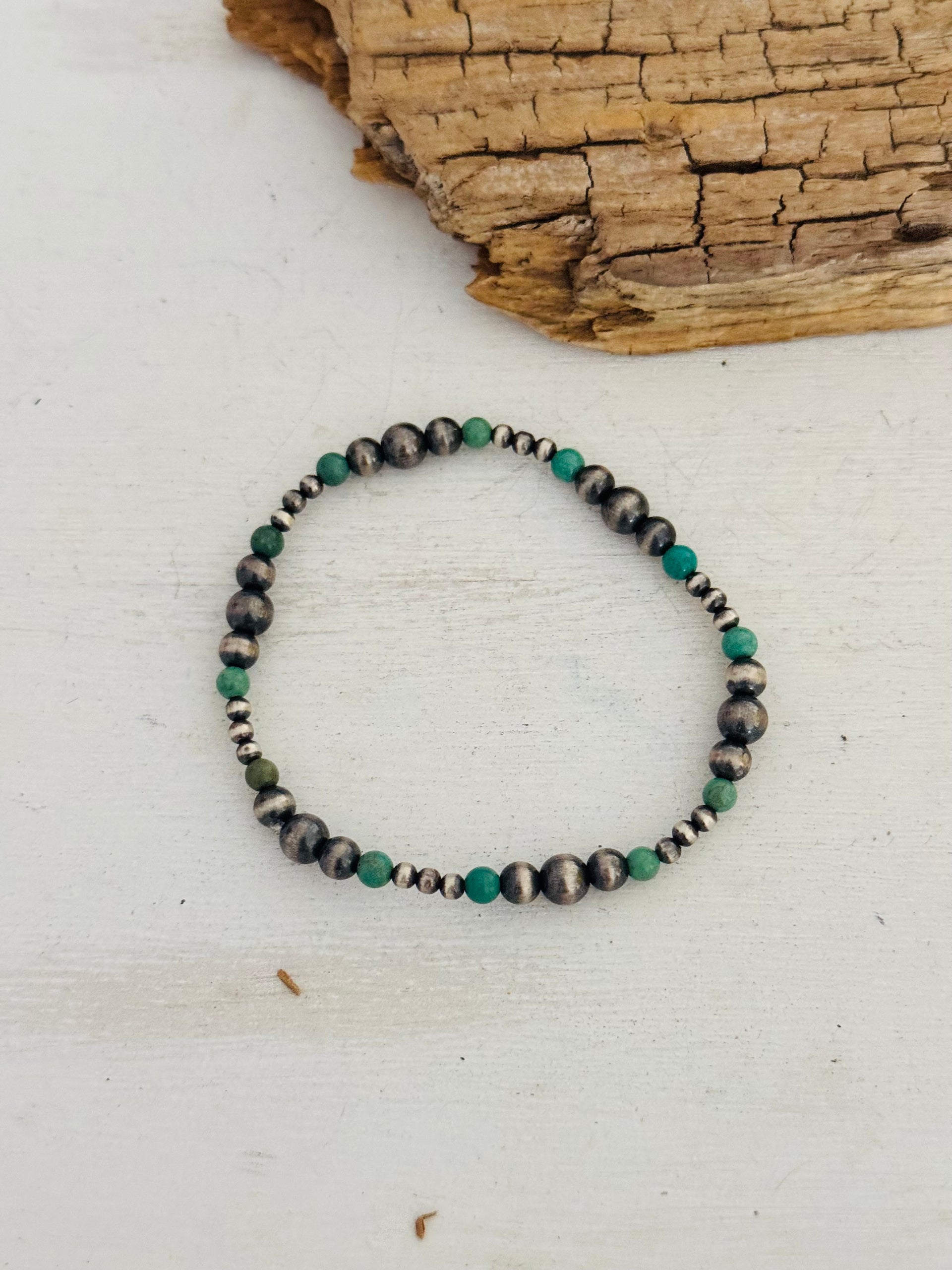 Navajo Strung Kingman Turquoise & Sterling Silver Pearl Beaded Stretch Bracelet