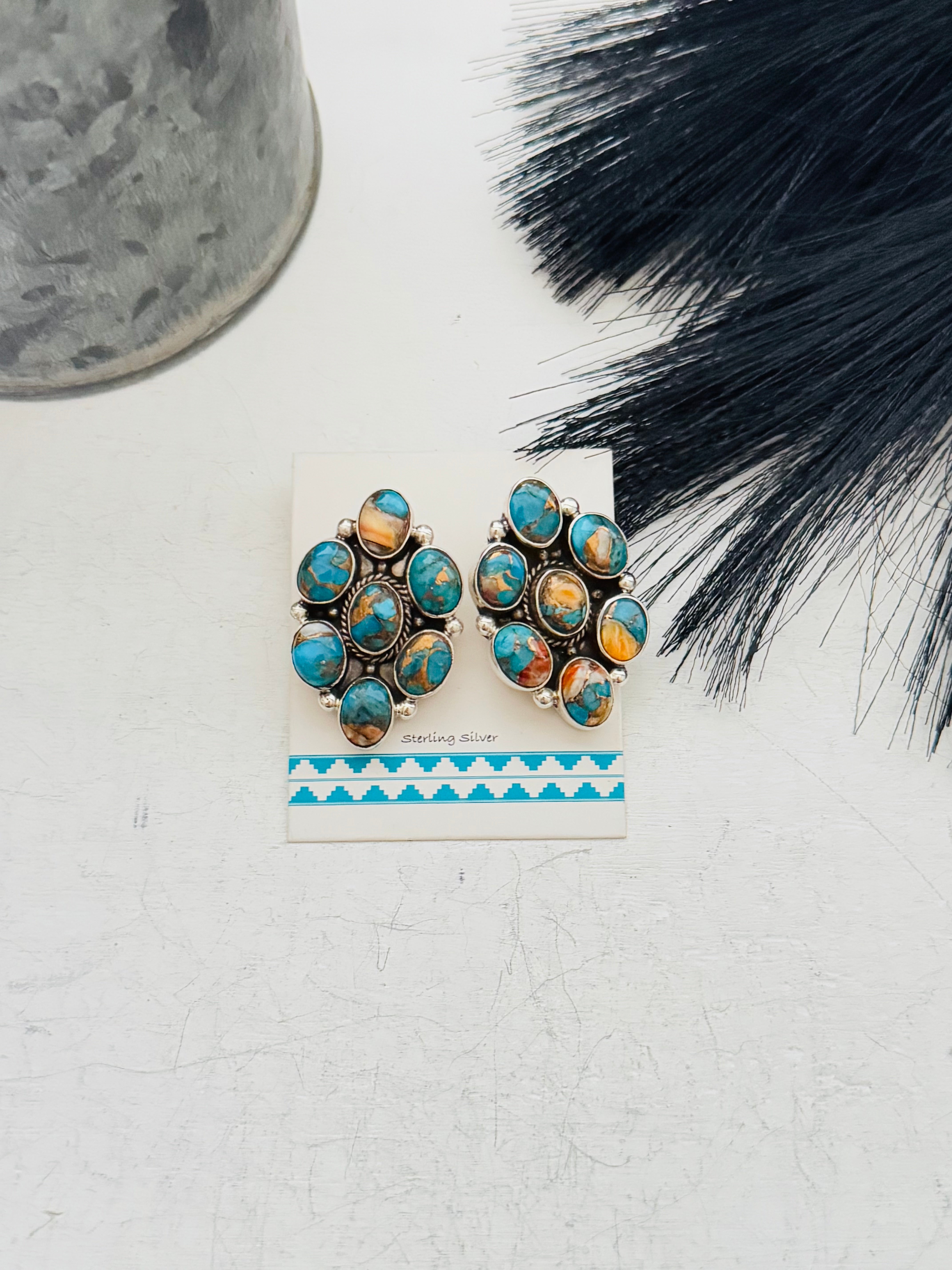 Southwest Handmade Mohave Turquoise & Sterling Silver Post Dangle Cluster Earrings