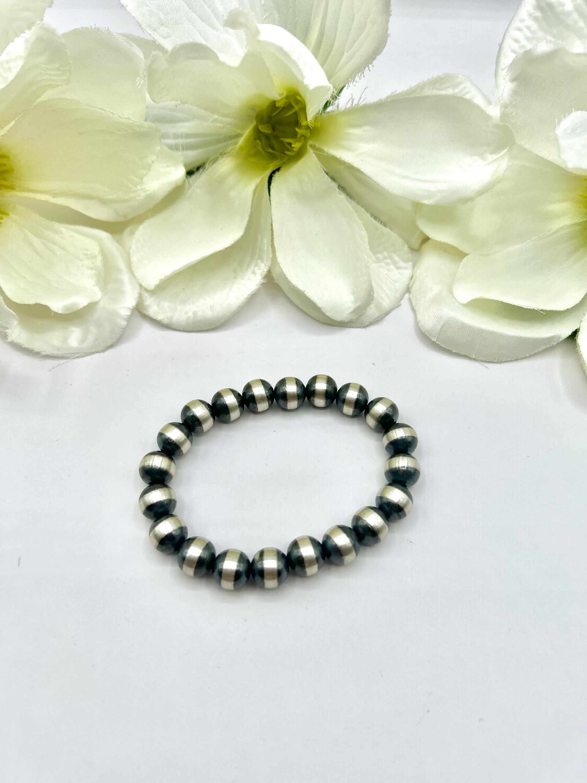 Navajo Made 10 MM Sterling Silver Strung Stretchy Bracelet