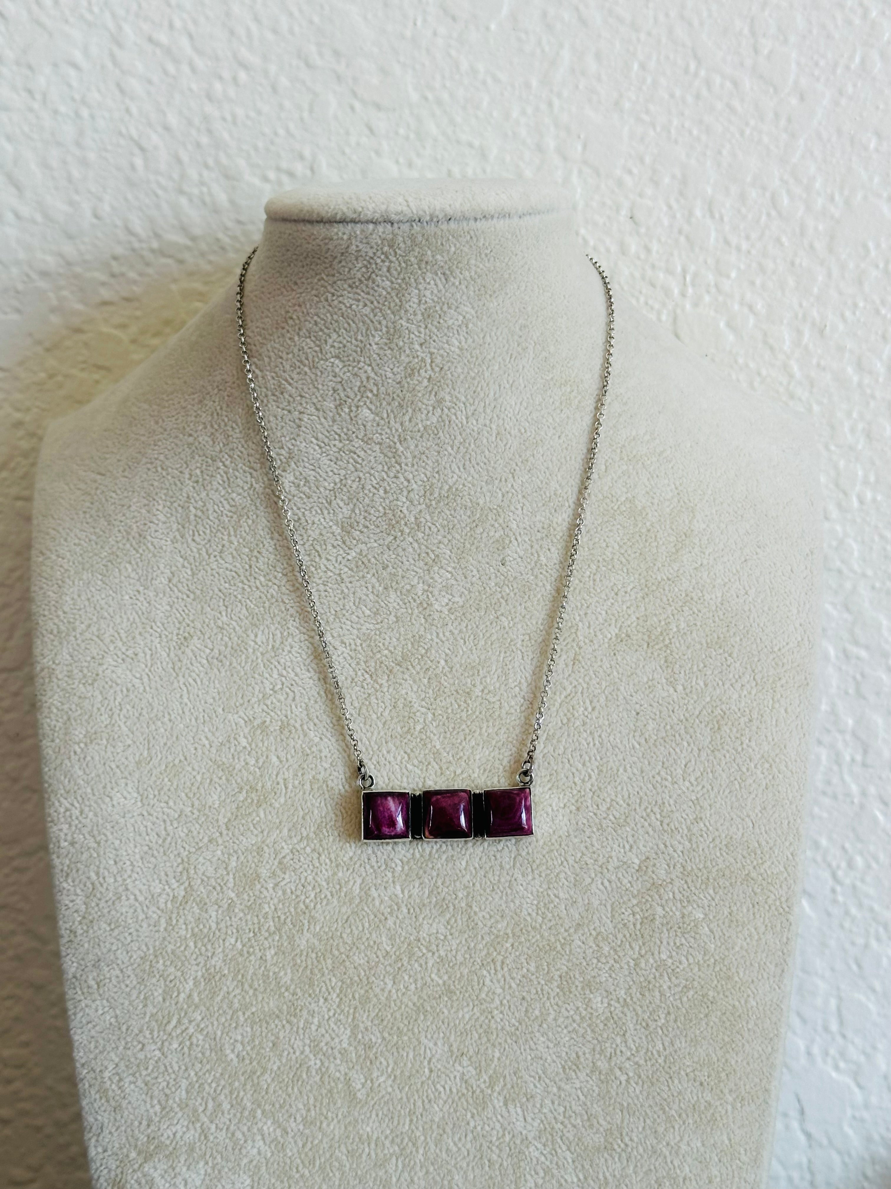 Southwest Handmade Purple Spiny Oyster & Sterling Silver Cluster Necklace