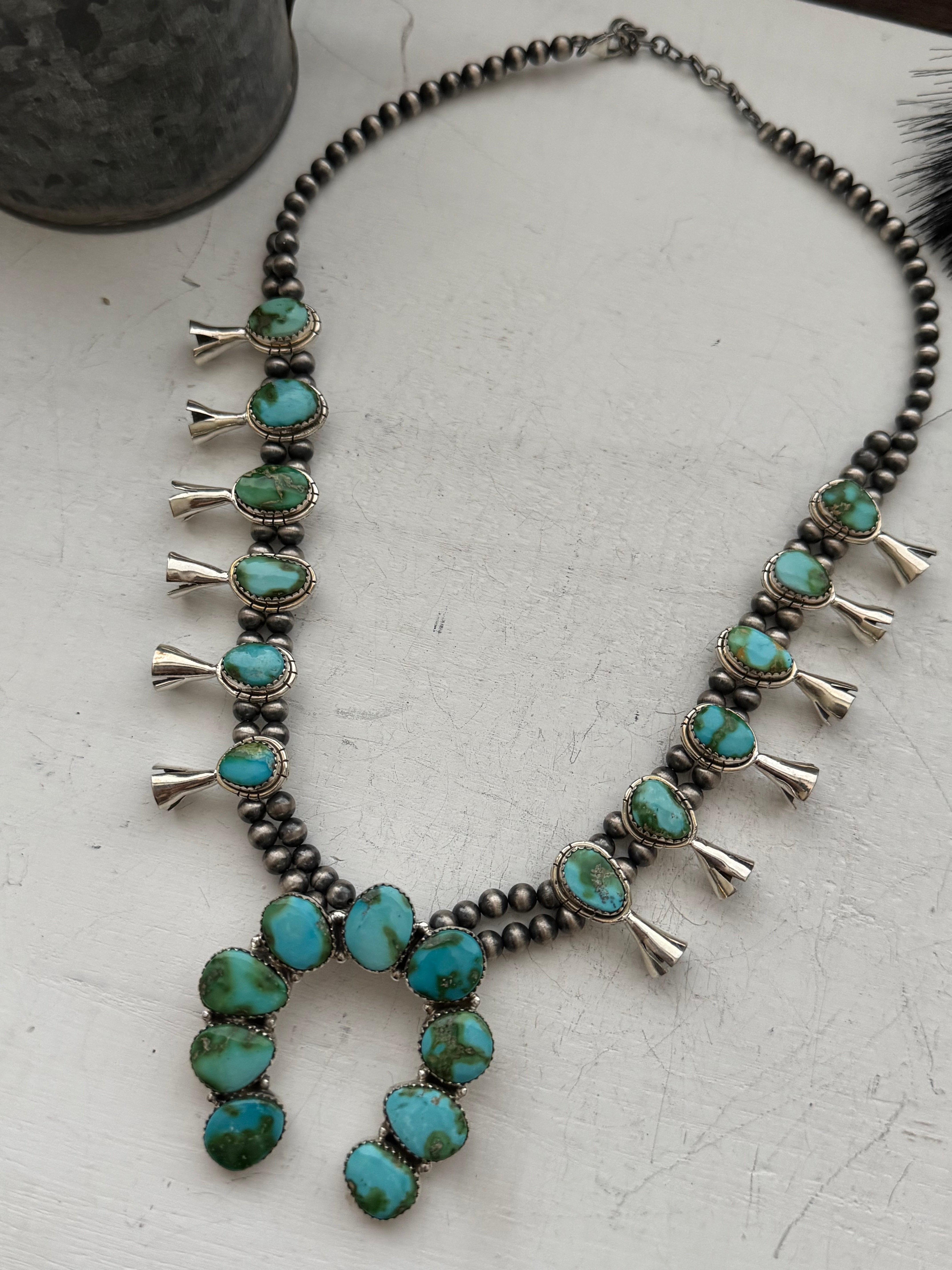 TTD Sonoran Mountain Turquoise & Sterling Silver Squash Blossom Necklace