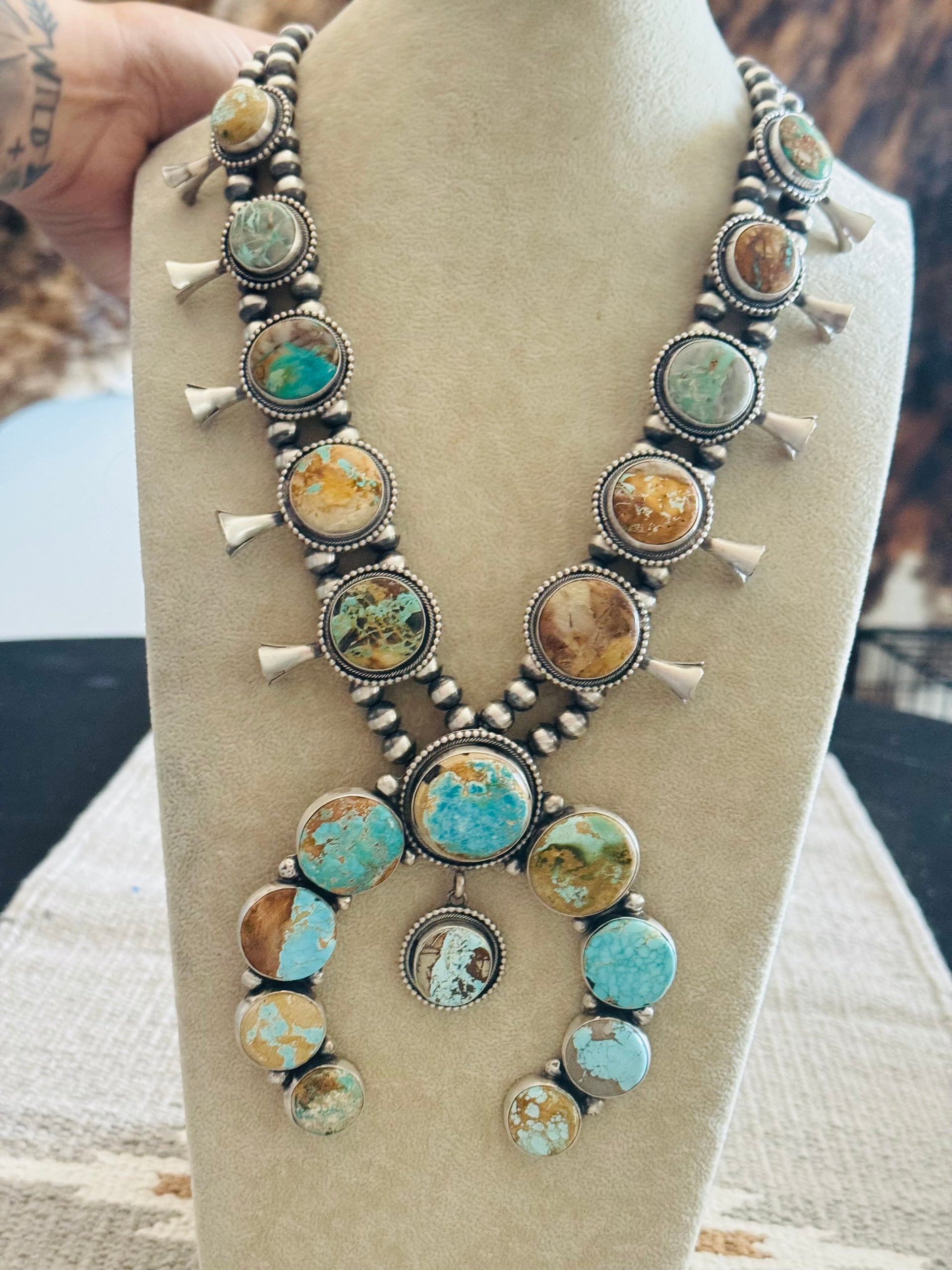 Darrin Livingston Royston Turquoise & Sterling Silver Squash Blossom Necklace Set