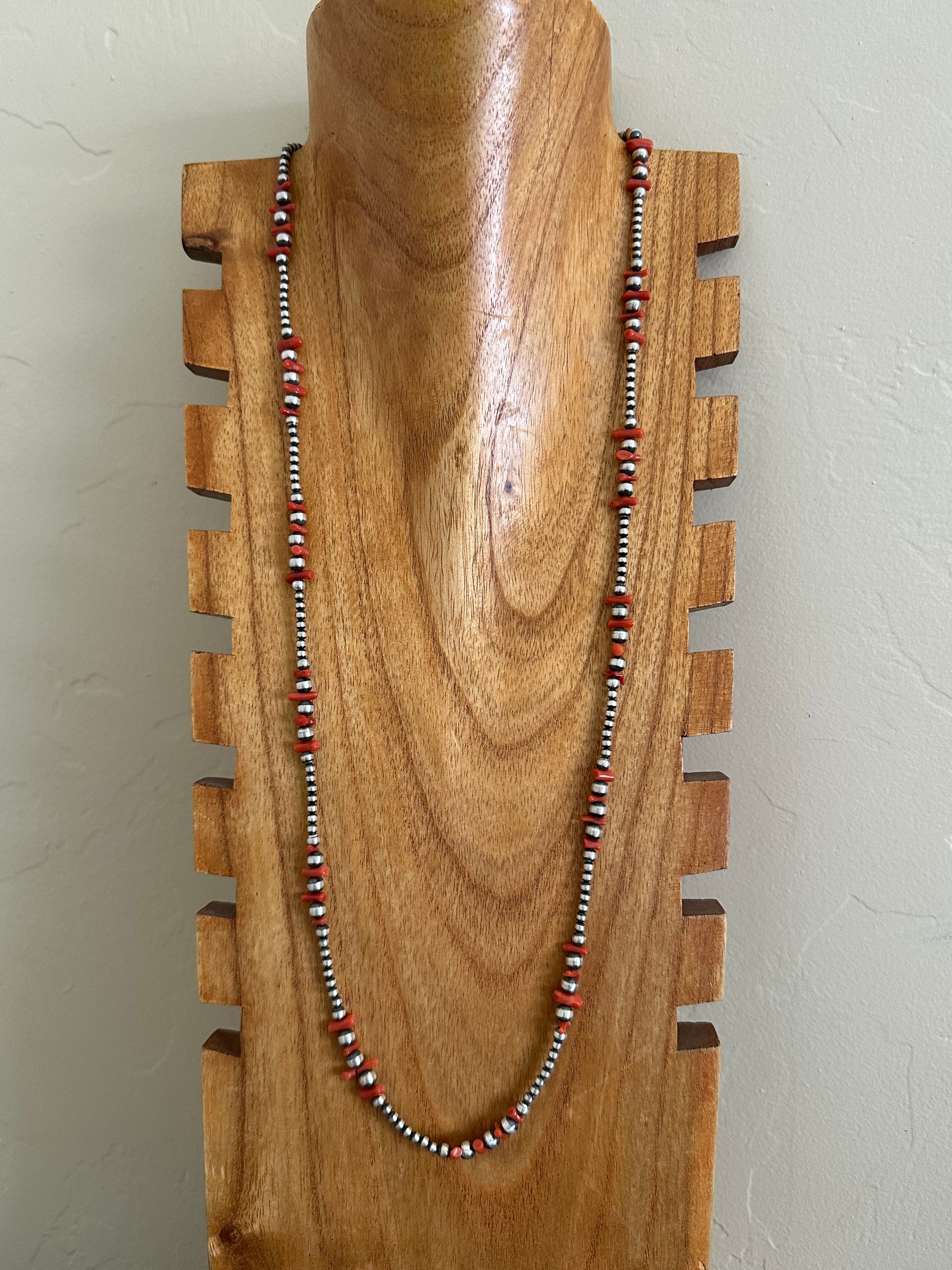 Navajo Strung Red Coral & Sterling Silver Graduated Pearls Beaded Necklace