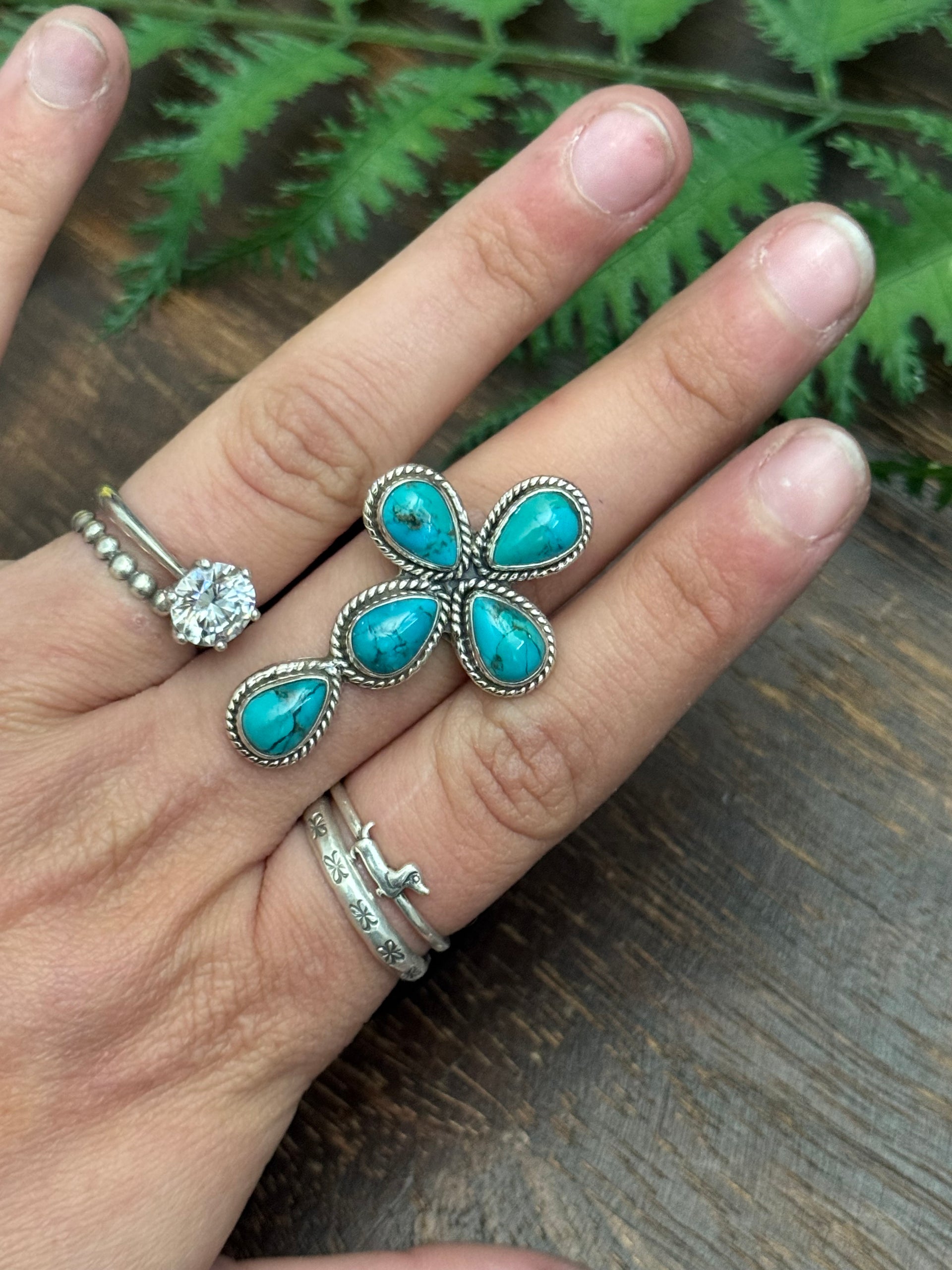 Navajo Made Mohave Kingman Turquoise & Sterling Silver Cross Ring