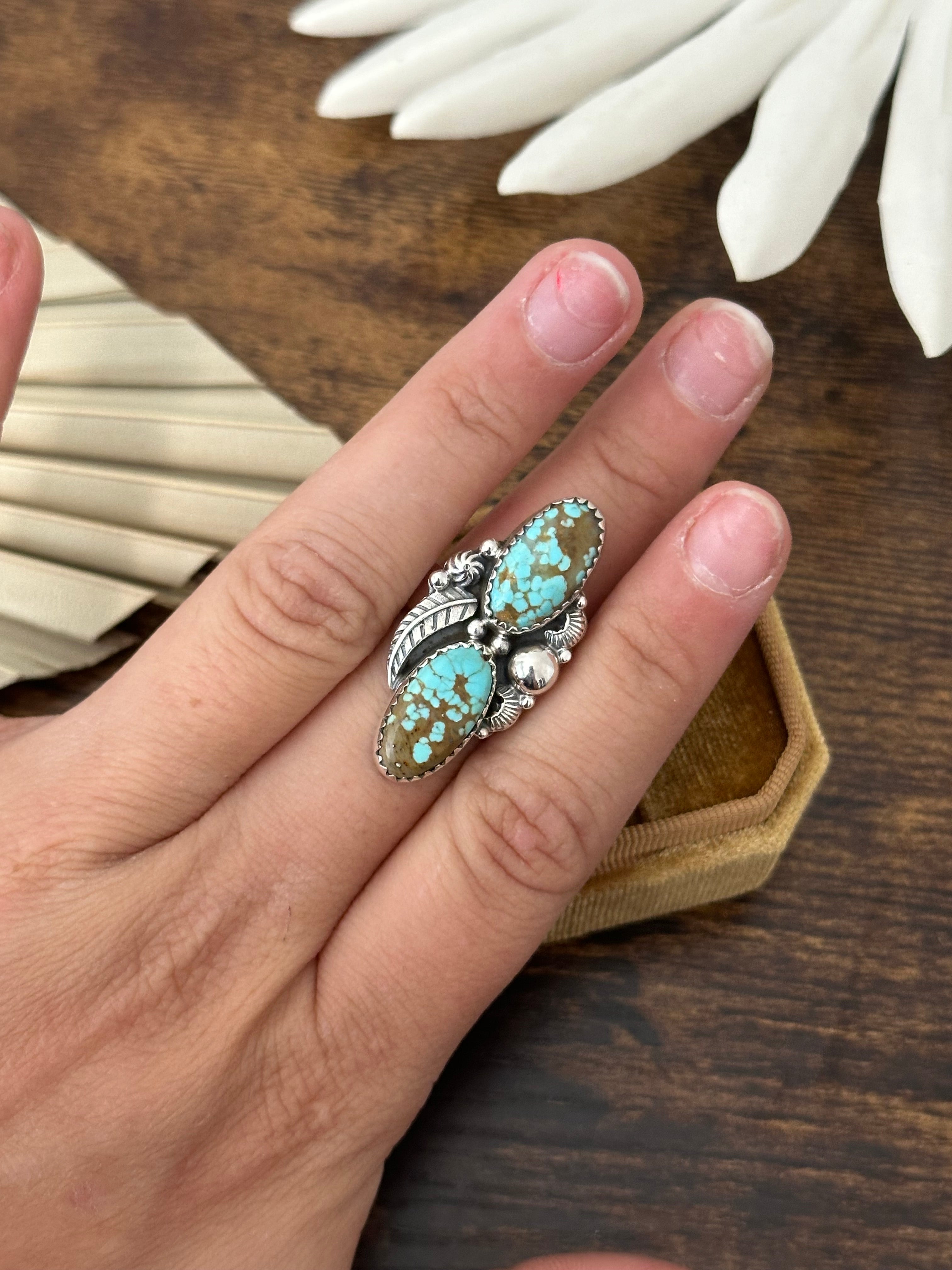 Southwest Handmade #8 Turquoise & Sterling Silver Adjustable Ring