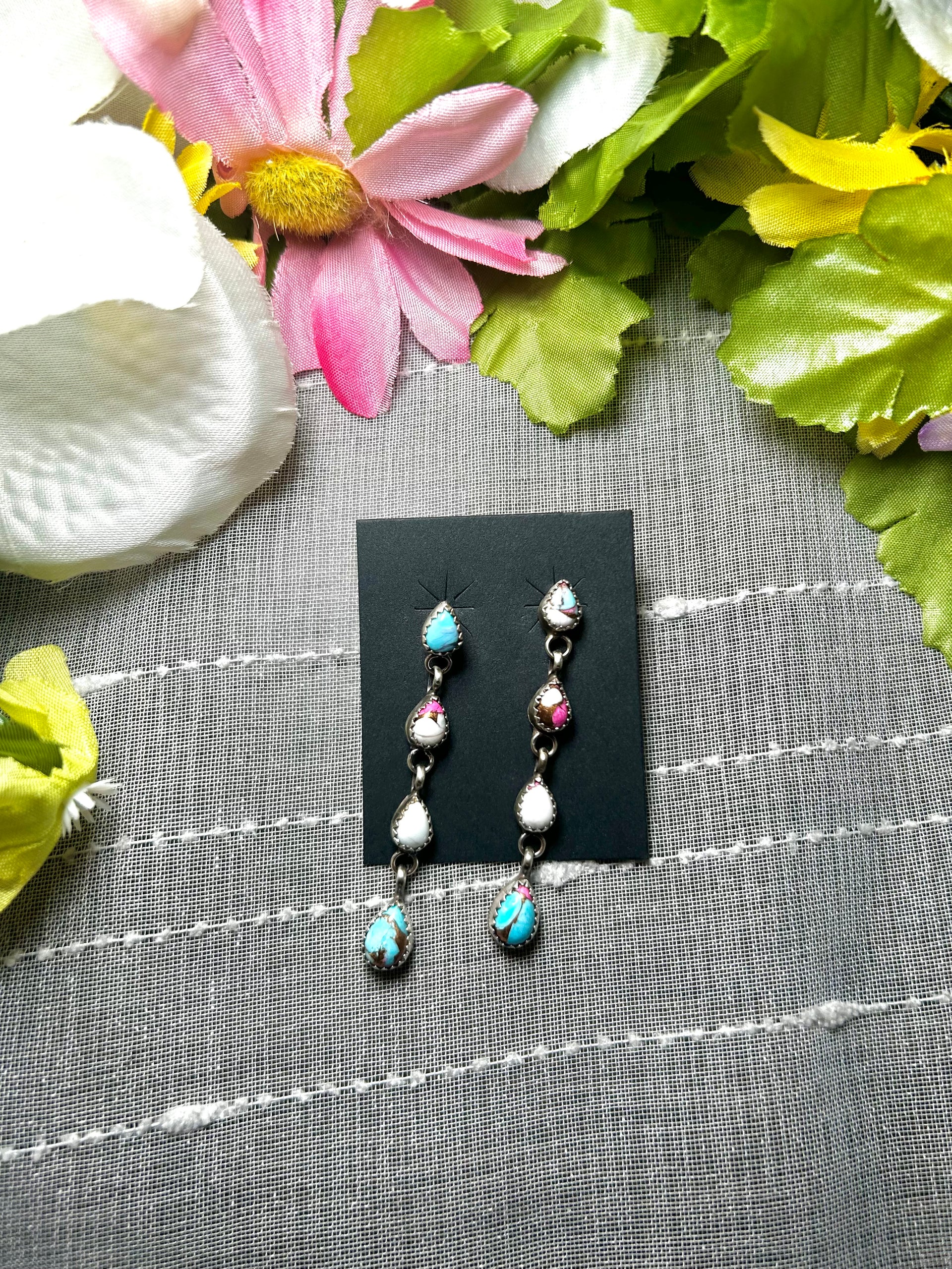 Navajo Made Cotton Candy Dahlia & Sterling Silver Post Dangle Earrings