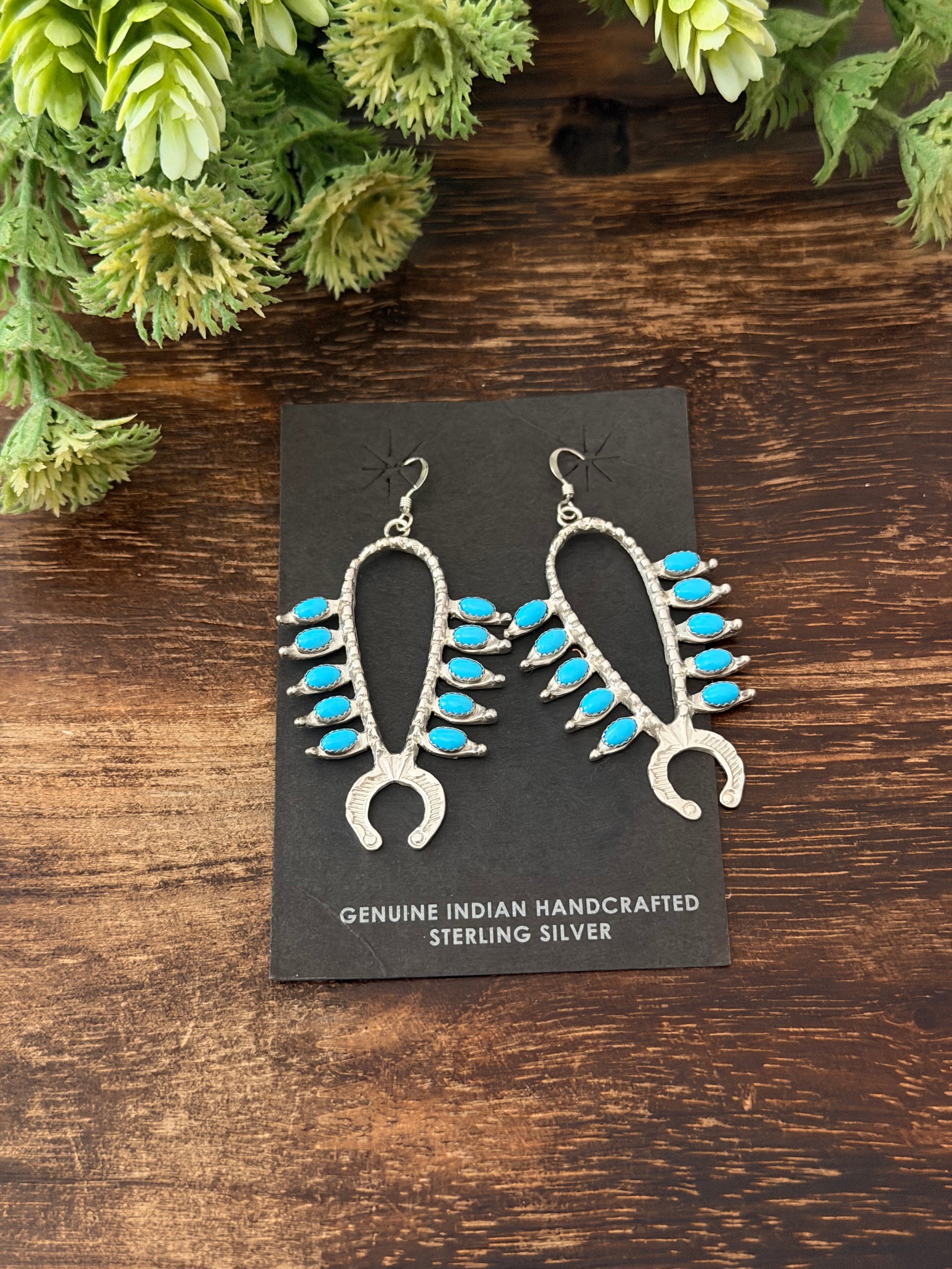 Navajo Made Kingman Turquoise & Sterling Silver Cluster Dangle Squash Blossom Earrings