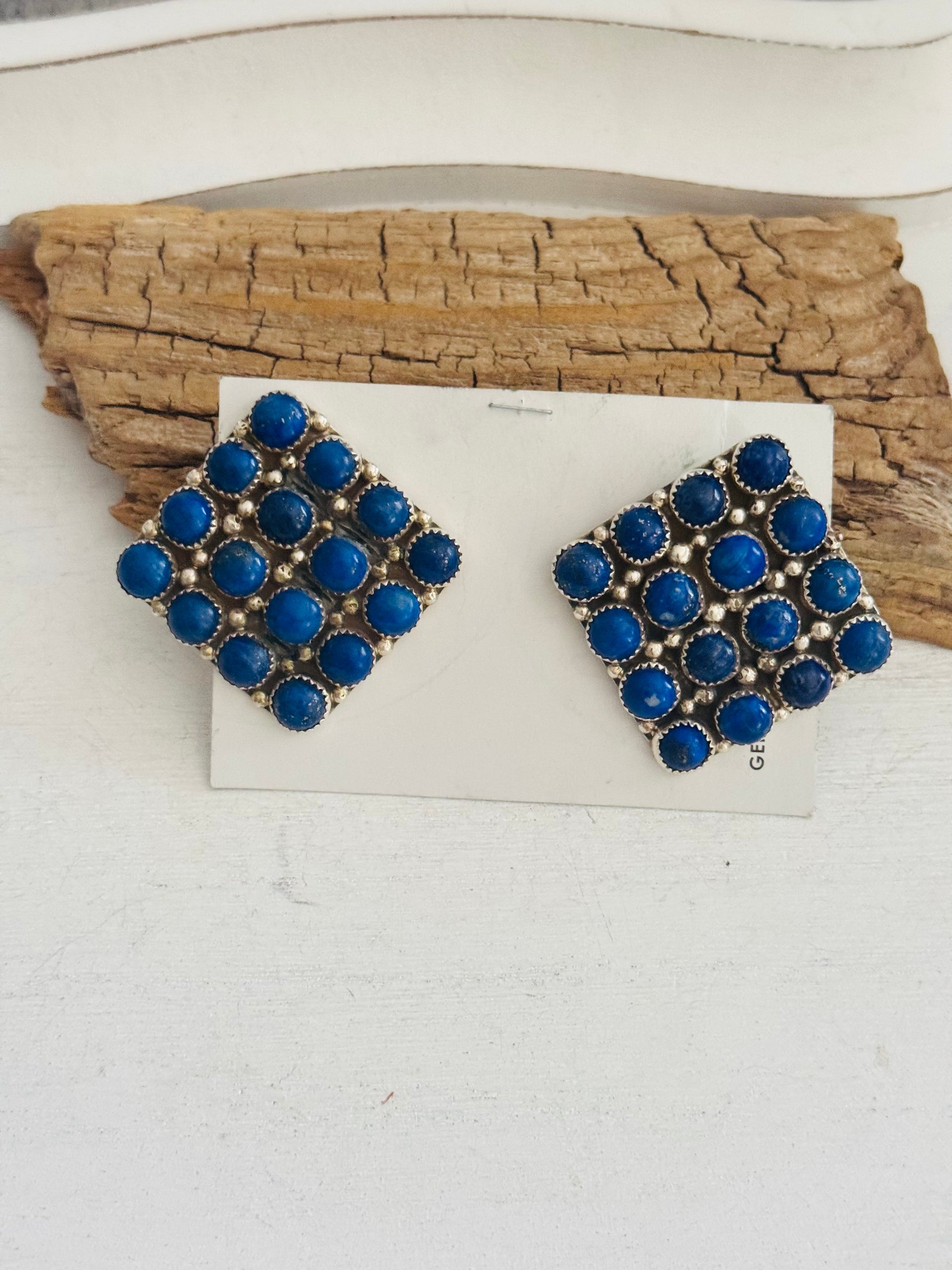 Navajo Made Lapis & Sterling Silver Post Dangle Cluster Earrings
