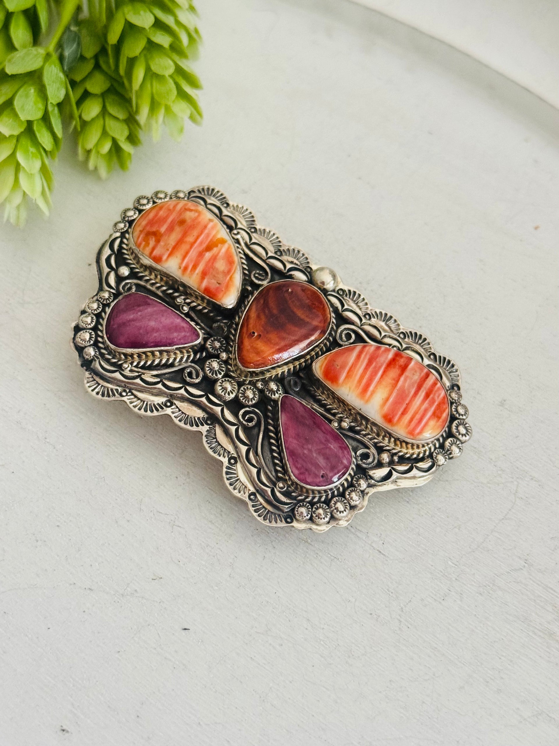 Lorenzo James Spiny Oyster & Sterling Silver Dragonfly Belt Buckle