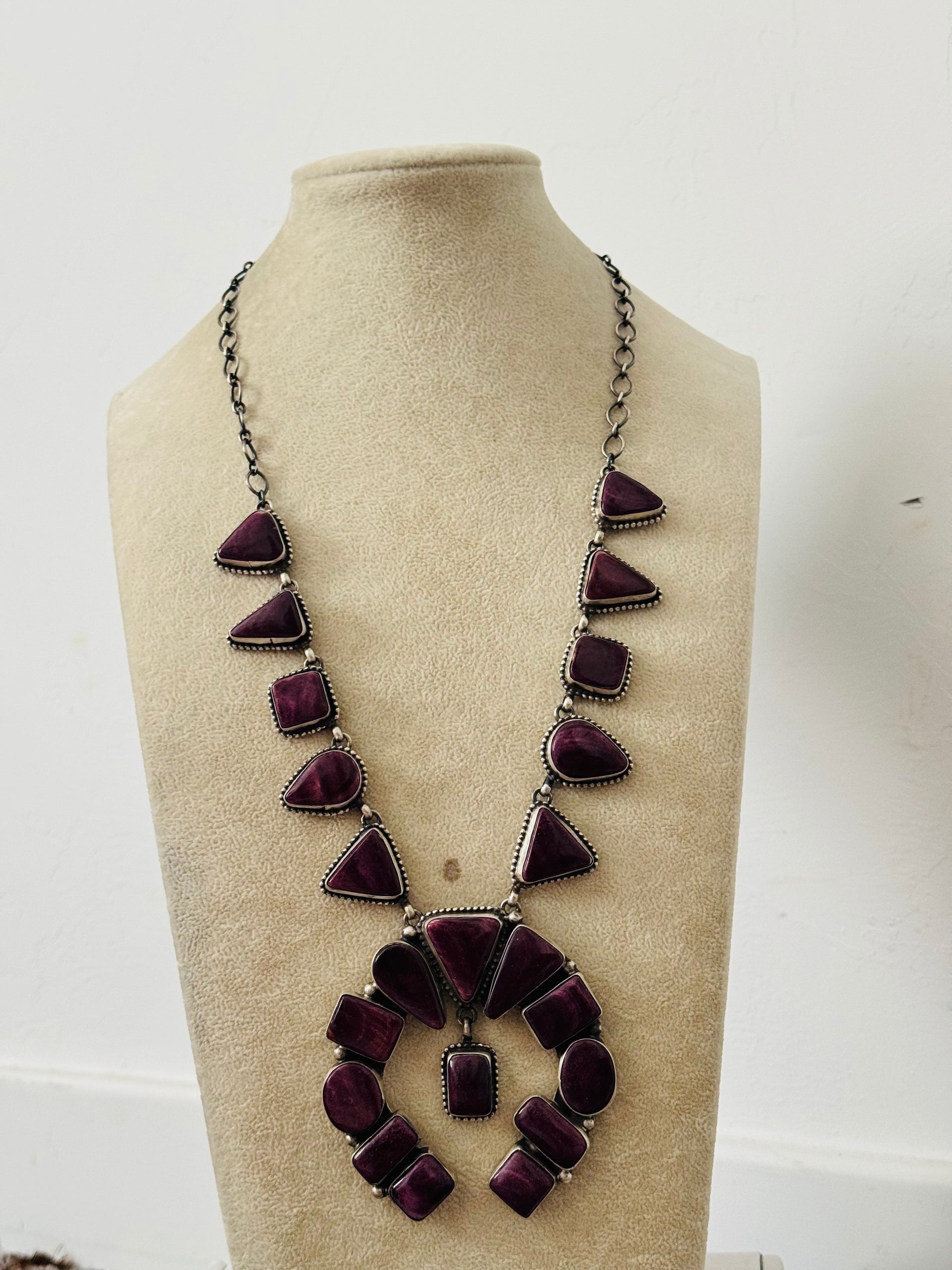 Navajo Made Purple Spiny Oyster & Sterling Silver Cluster Necklace Set