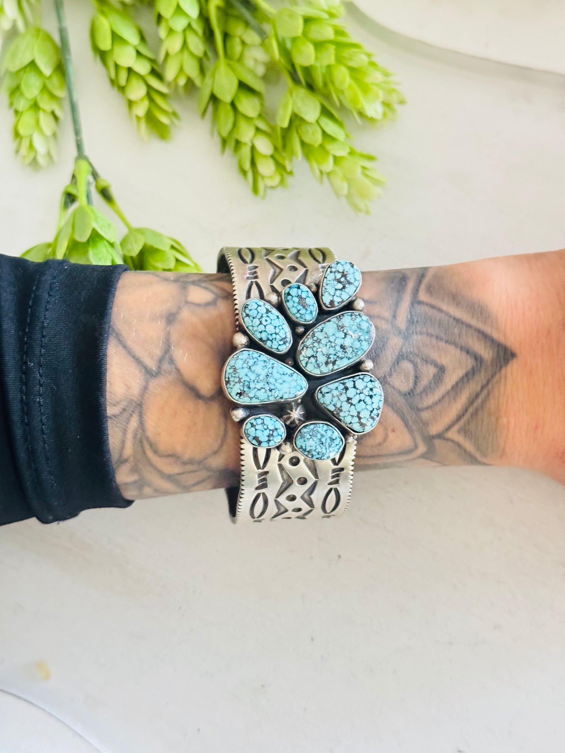 Charles Johnson High Grade Black Spiderweb Turquoise & Sterling Silver Cluster Cuff Bracelet